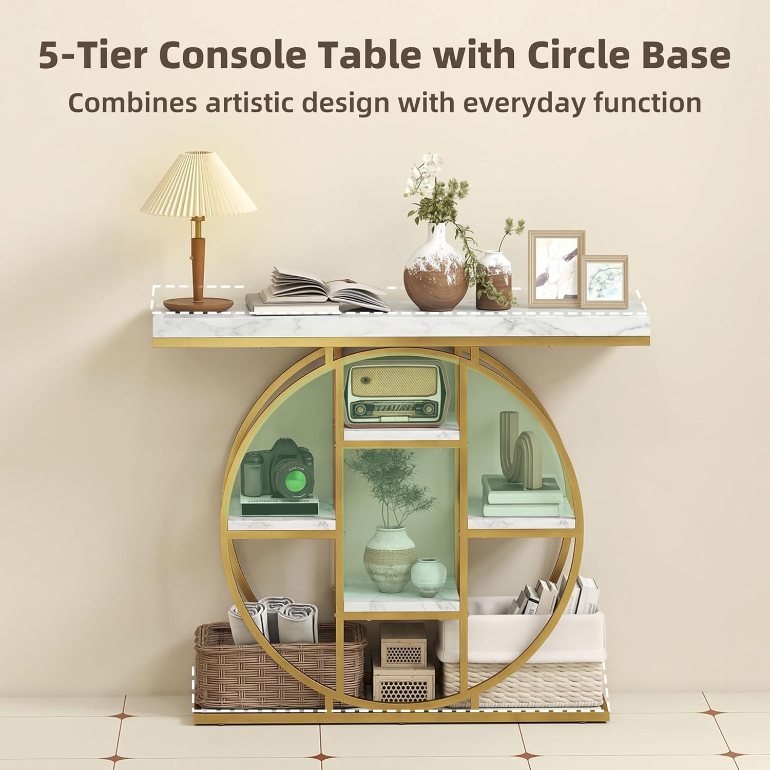 HOMCOM Entryway Table, 39.4" Console Sofa Table with Storage Shelves and Circle Steel Frame, Narrow Wood Accent Tables for Entrance, Hallway, Foyer, Living Room, White Marble Effect