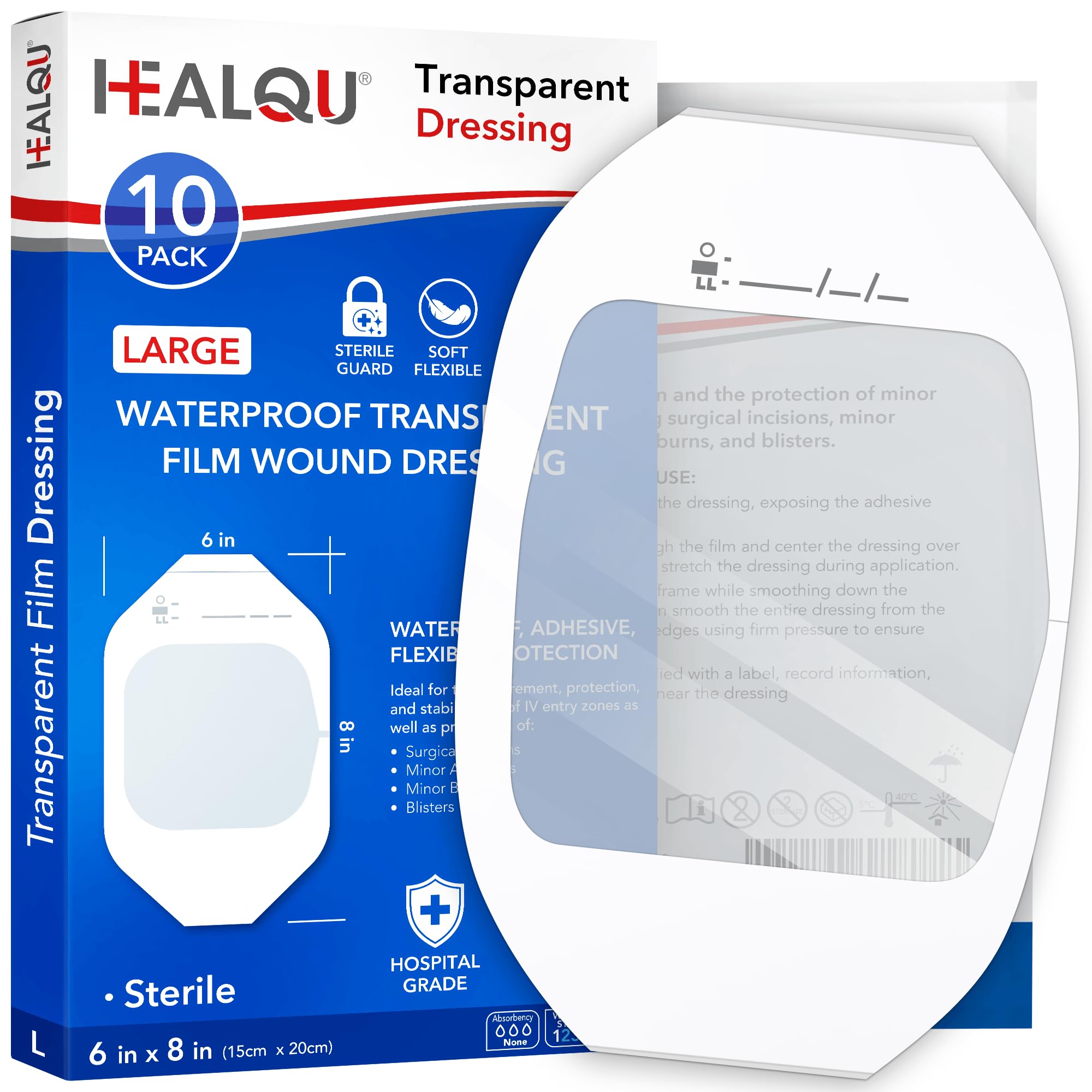 Healqu Apósito de película transparente, 6 x 8 pulgadas, paquete de 10 parches adhesivos impermeables para vendaje de heridas, ducha posquirúrgica o protector IV,