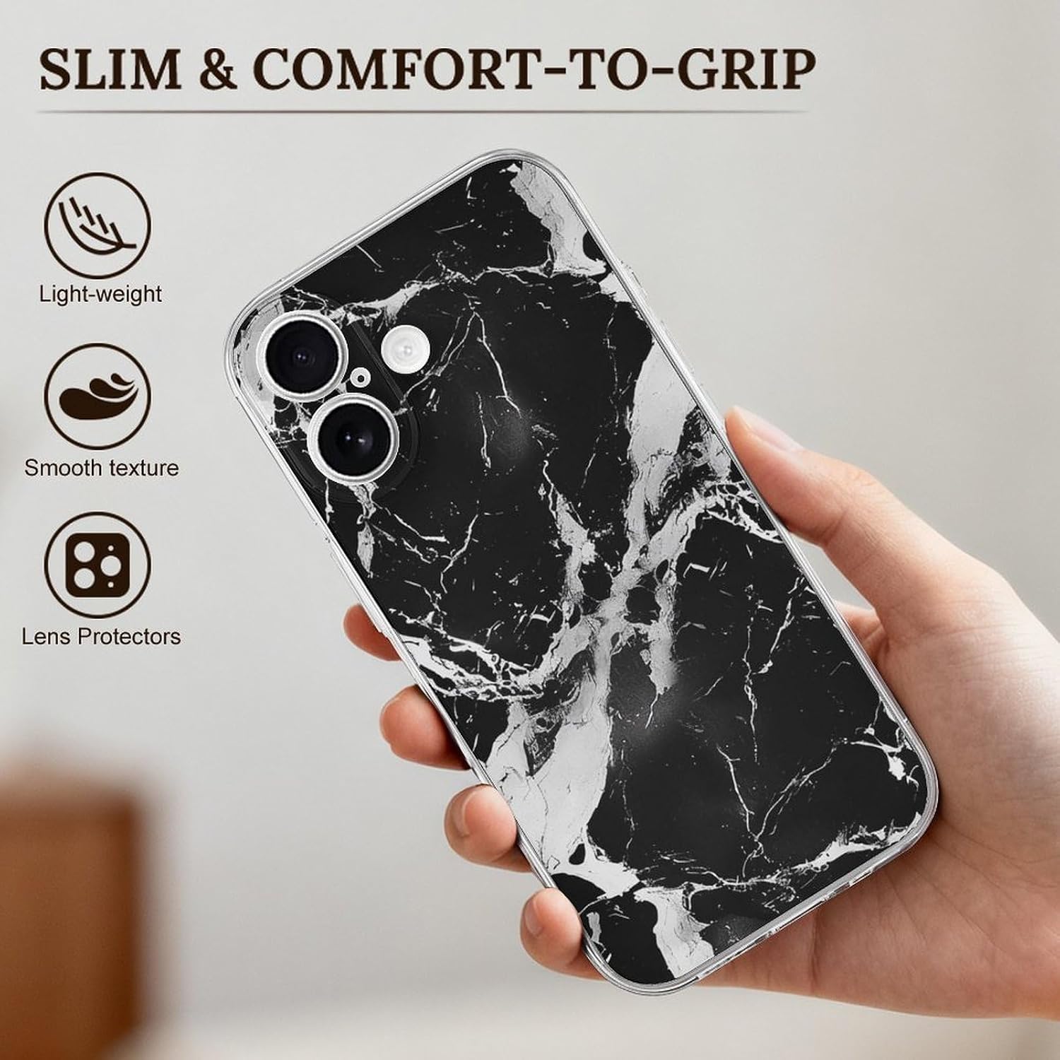 Clear Phone Case for iPhone 17 Case, Black and White Marble Prints Shockproof TPU Cell Cover with Wireless Charging, Anti-Yellowing, Transparent image 3