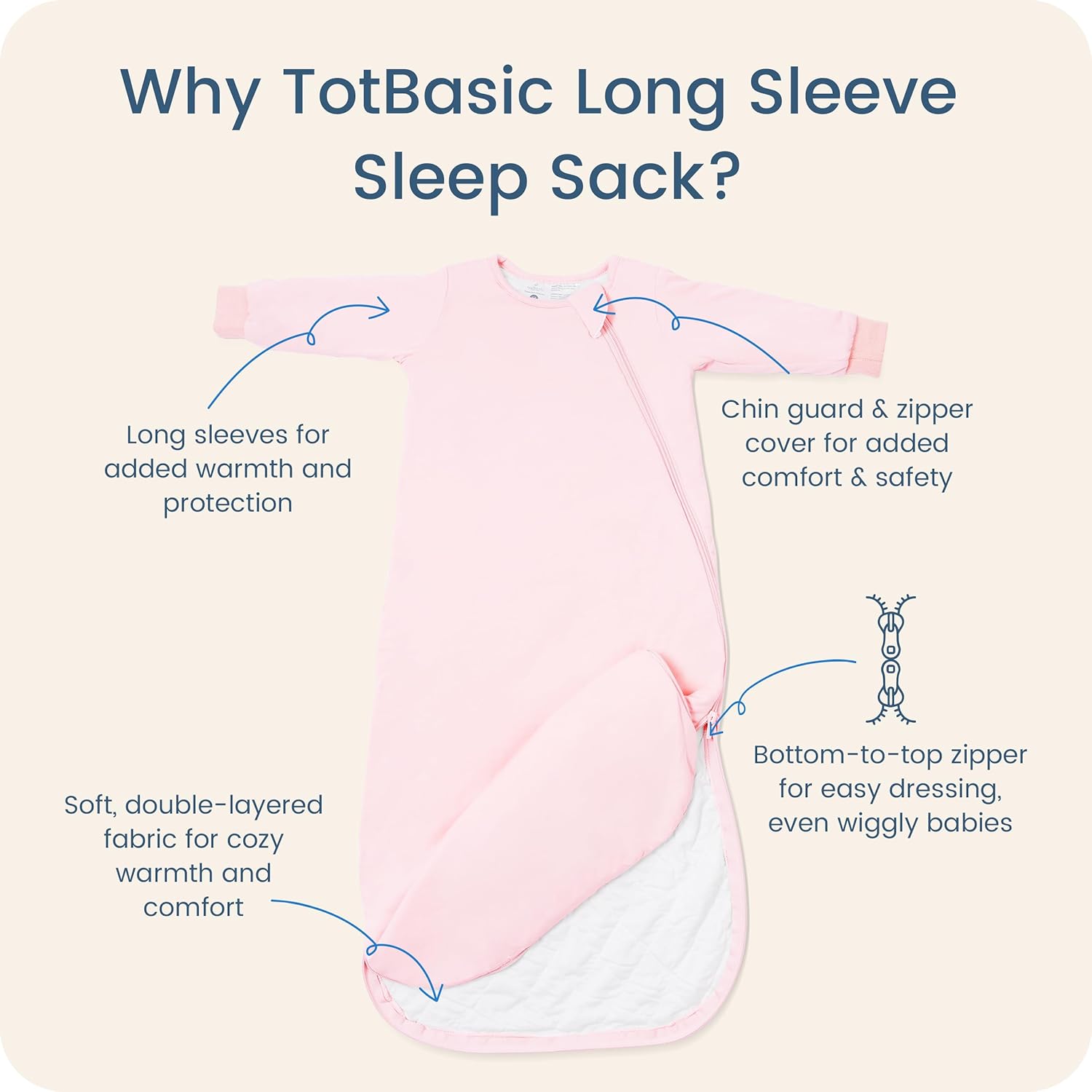 Baby Sleep Sack Long Sleeve Wearable Blanket 1.0 TOG, Premium Soft Infants Warm Sleeping Bags with 2-way Zippers - Image 2