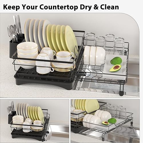 Miniatura 9 de B-Land Escurridor de platos, 2 niveles para encimera de cocina, escurridor grande de platos con escurridor y soportes para utensilios, escurridor de