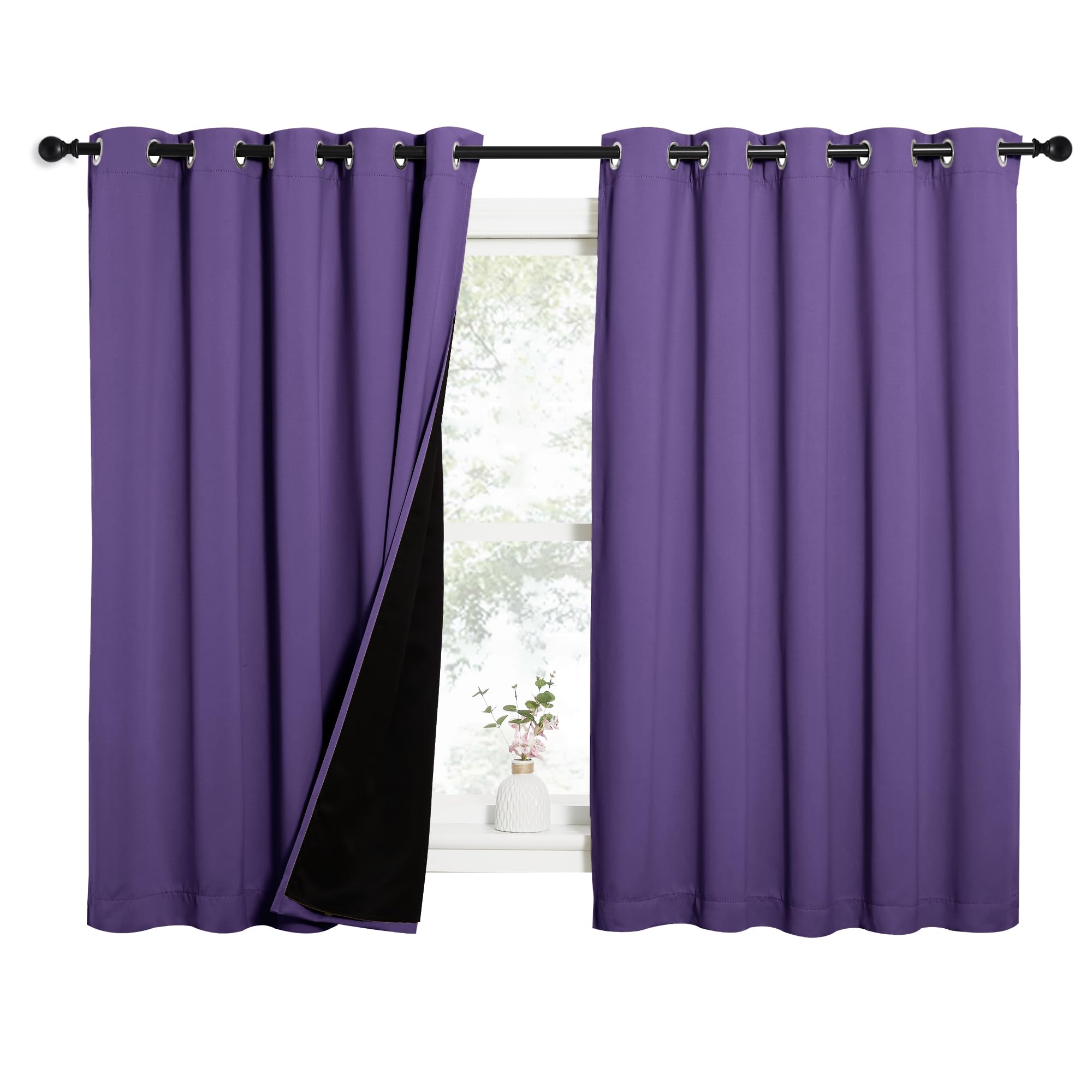 NICETOWN 100% Blackout Curtains with Black Liners, Thermal Insulated Full Blackout 2-Layer Lined Drapes, Energy Efficiency Window Draperies for Bedroom (Lilac Purple, 2 Panels, 62-inch W by 63-inch L)