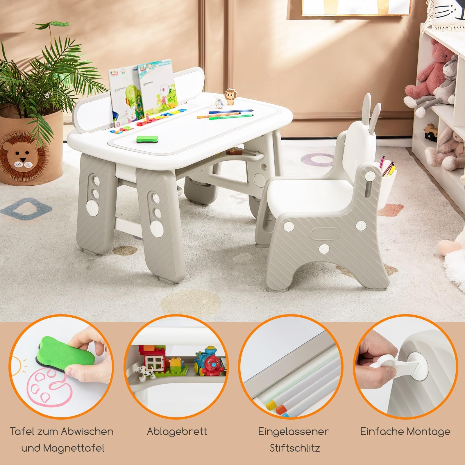 COSTWAY Kindertisch mit Stuhl, Kindersitzgruppe mit Stauraum, Kinder Tisch höhenverstellbar mit aufklappbarem Bücherregal & magnetischem Zeichenbrett, Maltisch für Kinder ab 1 Jahr