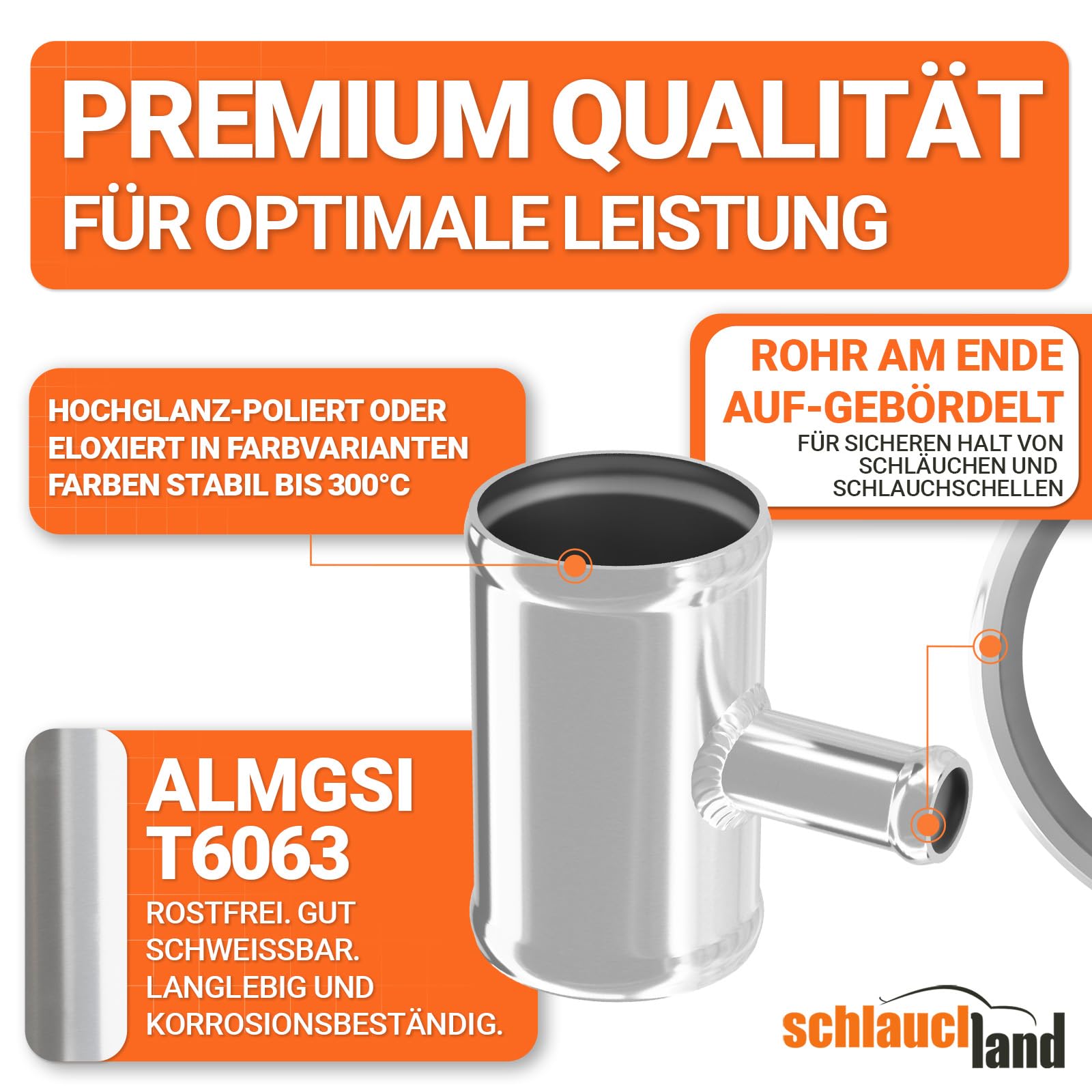 ALU-ROHR T-STÜCK AD-Ø 45mm Abgang 30mm glänzend T Verteiler poliert | AUSWAHL & GRÖSSEN - Ø 200mm | Aluminium Rohr Abzweig Splitter Schlauch-Verbindung Adapter Kupplung DIN 40501 & EN AW-6063 | 300°C