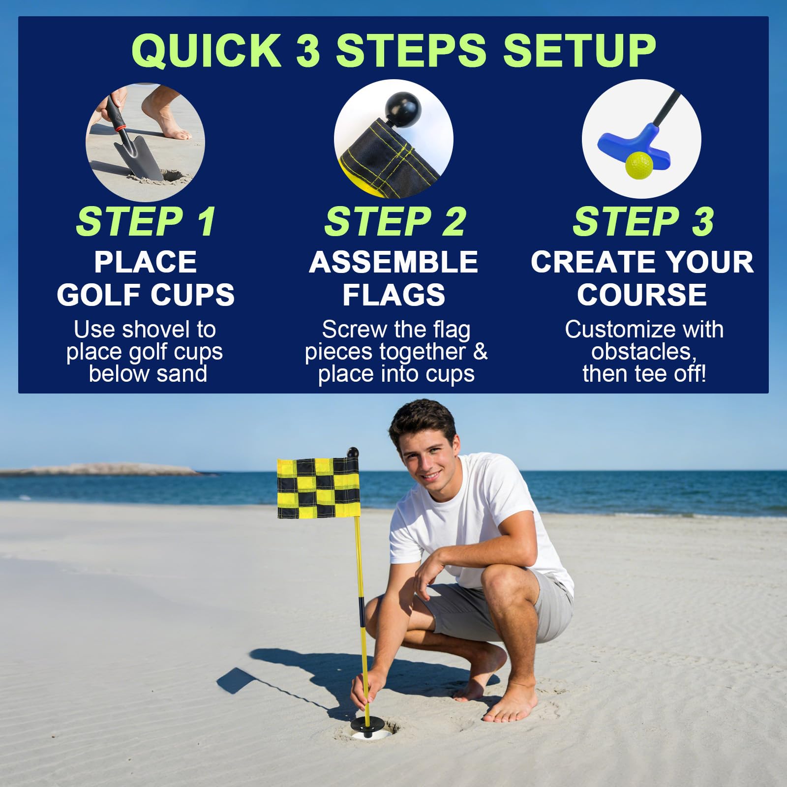 Mini bandera de golf, bandera verde para patio, playa, juego de marea baja, todos 3 pies, juego de tazas con agujero de bandera de golf, 2 putters ajustables, 3 banderas y copas de agujero, 6 pelotas
