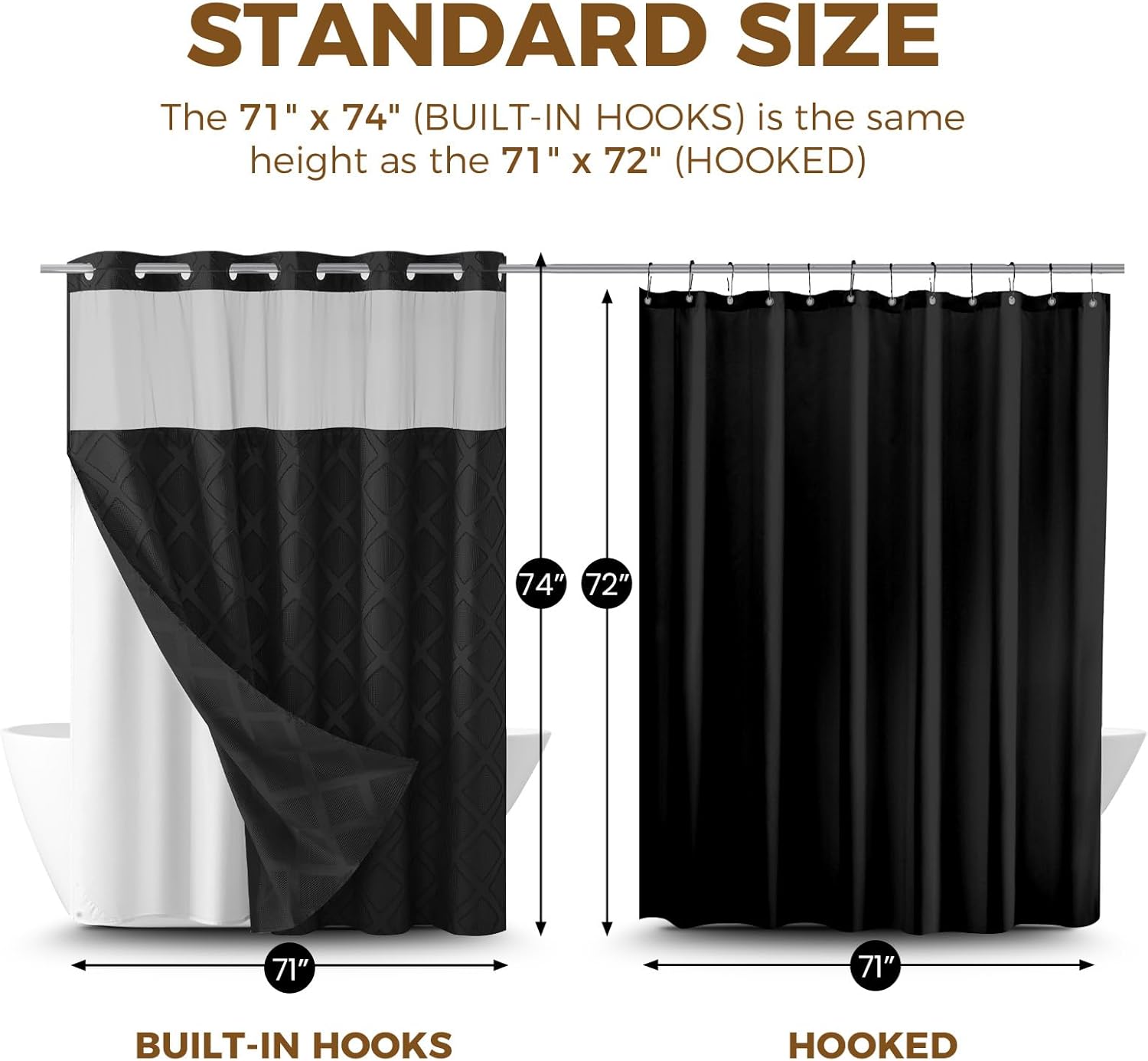 downluxe No Hook Shower Curtain with Snap in Liner,Black Waffle Fabric Shower Curtain Set for Bathroom,Hotel Style Double-Layer Waterproofing Curtains 71W x 74L thumbnail