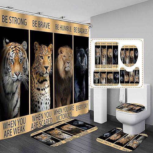 4PCS Leopard Black Panther Tiger Lion Shower Curtain Set, Positive
