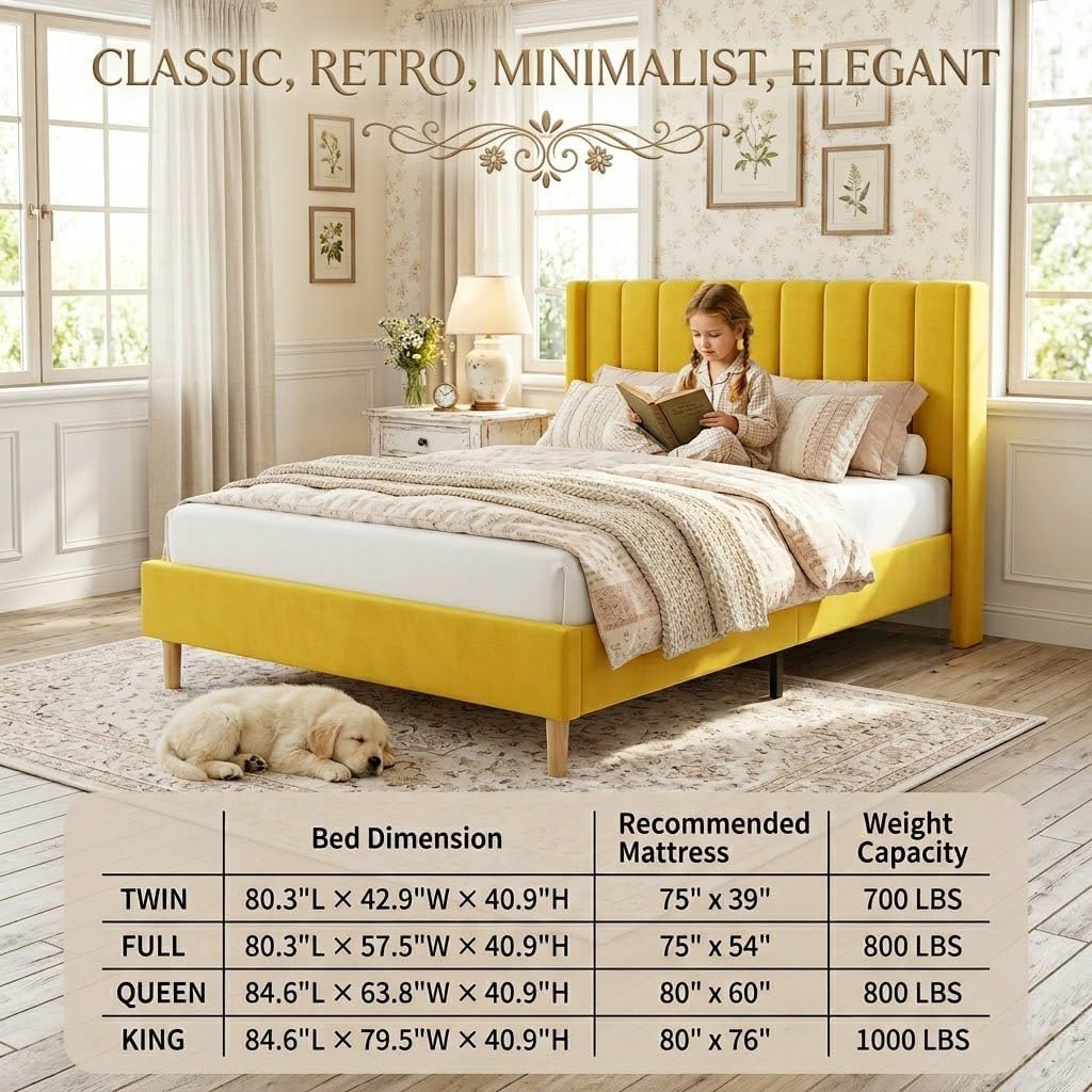 Full Bed Frame with Headboard, Platform Bed Frame with Velvet Vertical Channel Tufted Wingback, Wooden Slat Support, No Box Spring Needed, Easy Assembly, Upholstered Mattress Foundation, Yellow
