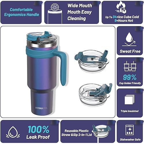 Miniatura 2 de Hydraful Vaso aislado de 46 onzas con asa y tapa de pajilla, 100% a prueba de fugas, taza de viaje apta para portavasos - Taza aislada de acero