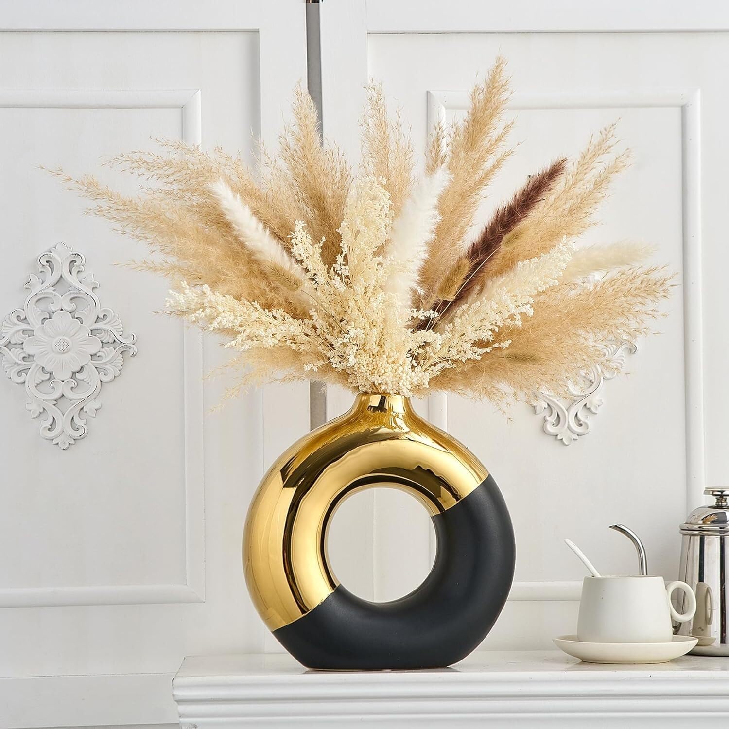 Wazon Dekoracyjny Ceramiczny Wazon Na Pączki Trawę Pampasową Nowoczesne Wazony Dekoracje Ślubne Do Salonu Dekoracja Domu(Black,20.5 * 20.5 * 7.5cm)
