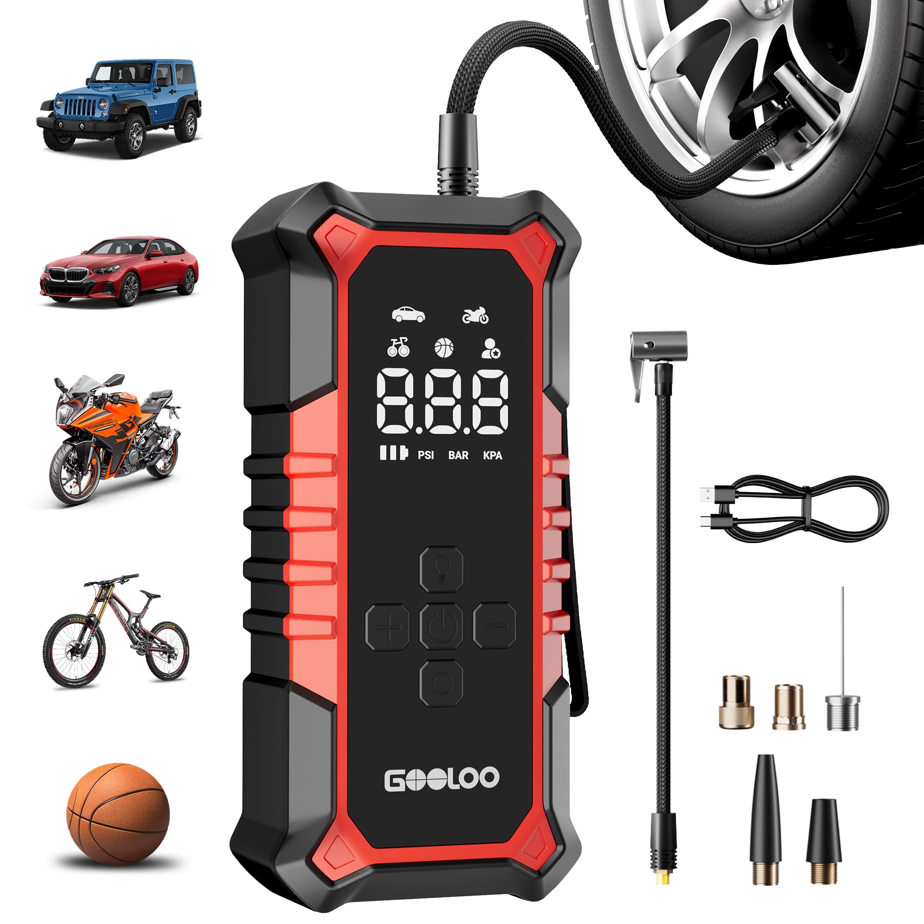 GOOLOO A6 Gear Compressore d'aria Portatile,160 PSI(11 Bar), con Manometro Digitale e Luce LED, Pompa Elettrica Intelligente per Pneumatici con Spegnimento Automatico per Pickup, Motore, Bici