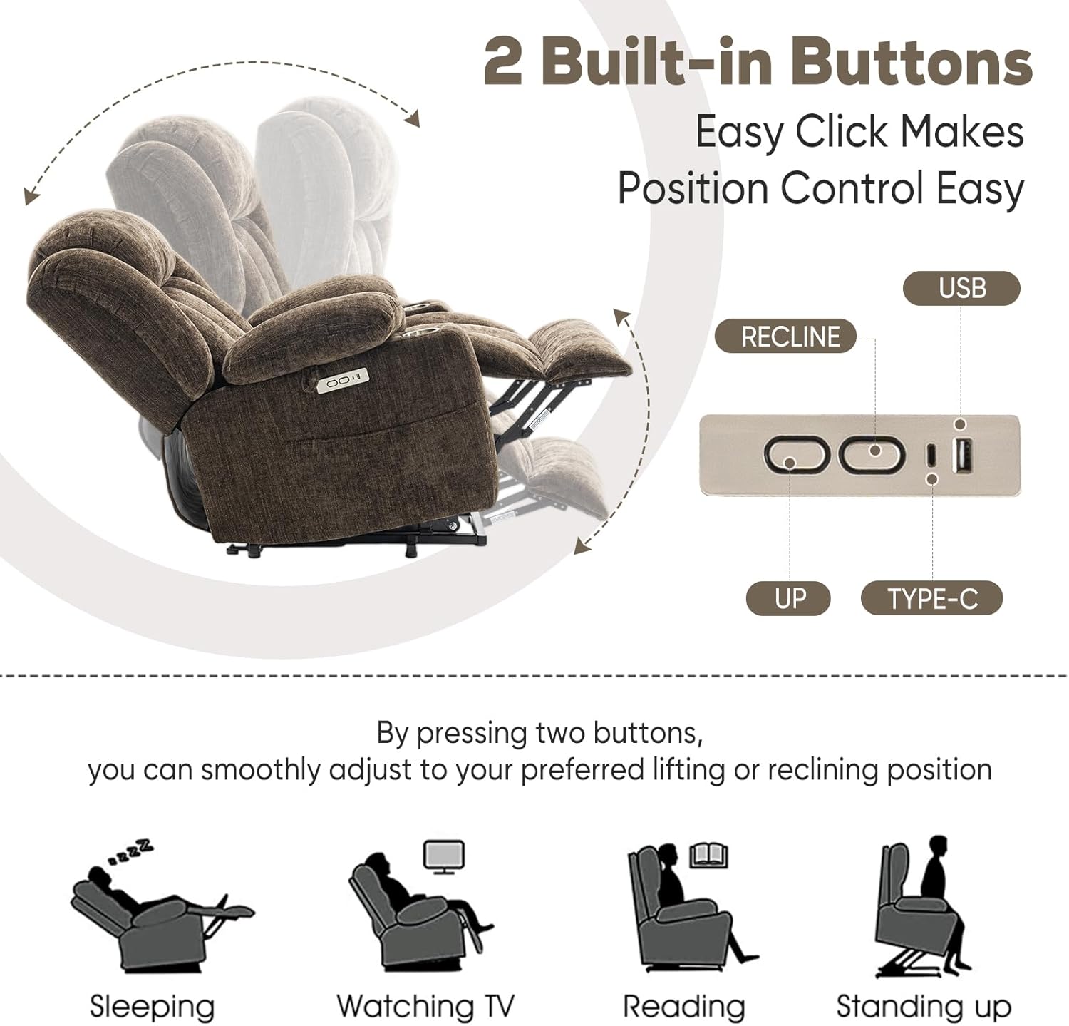ABCASA Large Power Lift Chairs Recliners for Elderly with Heat ＆ Massage, Upgraded Chenille Recliners, USB-A ＆ C, Cup Holder, Side Pocket, Brown
