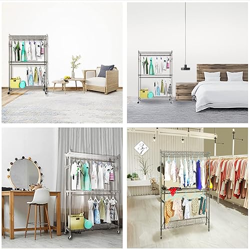 Miniatura 7 de Estante de 3 niveles con doble barra, ruedas con cerradura y 1 par de ganchos laterales, soporta hasta 400 libras