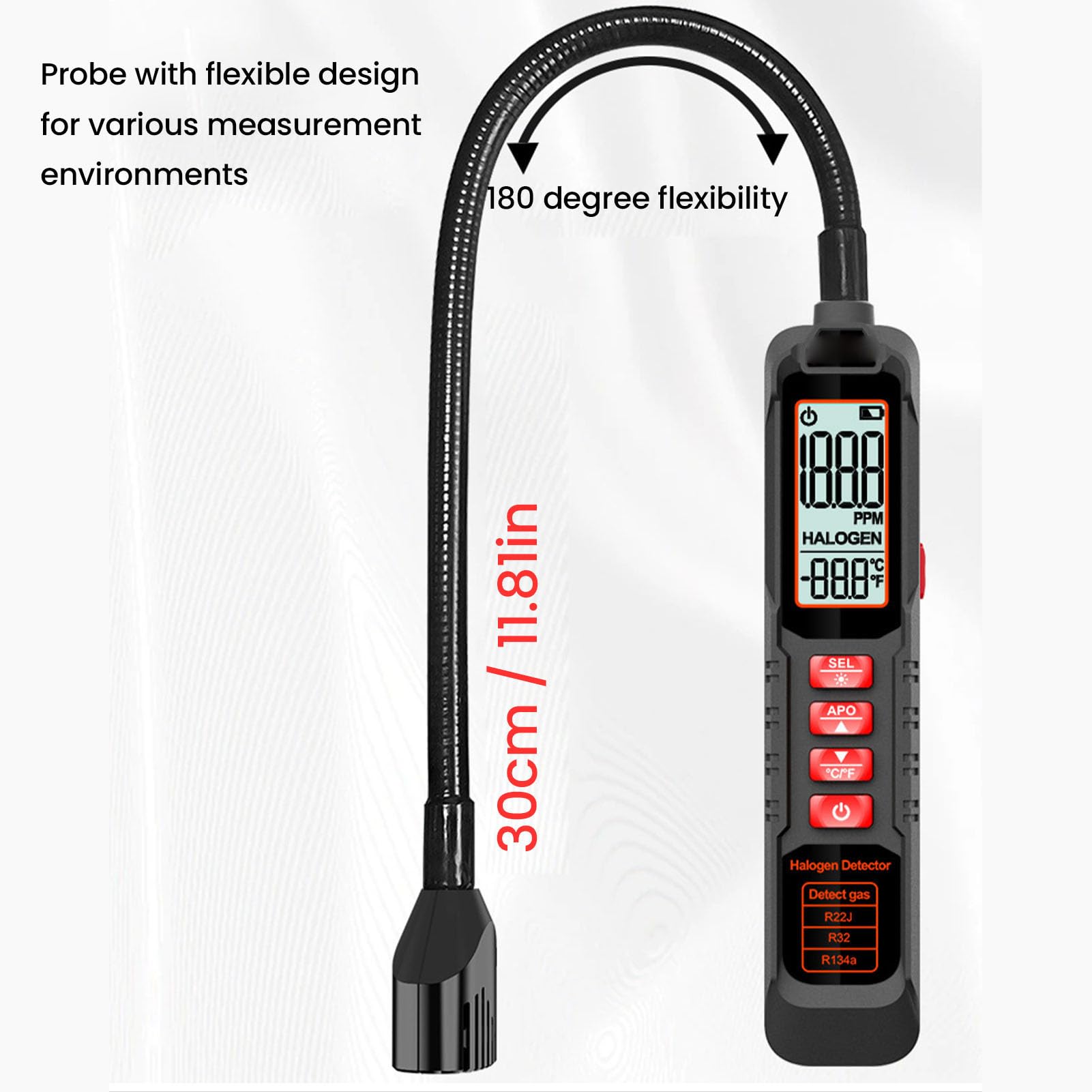 Detector de Fugas HVAC Probador de Fugas de Refrigerante Halógeno Ultrasensible para Reparación y Mantenimiento de CA Alimentado por Batería con Sonda Flexible