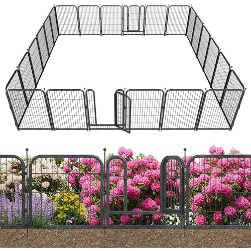 Decorative Garden Metal Fence 54ft (L)×40in (H) with 21 Panels 3 Gate Outdoor, No Dig Rustproof Wire, Animal Barrier Fencing for Outdoor Yard Patio Flower Bed,（Black-Silver）