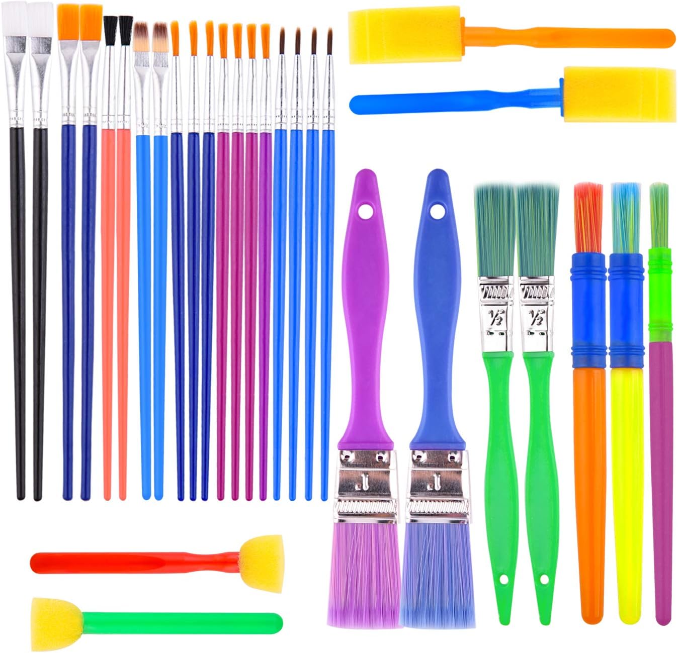 BTNOW 30 Pieces Kids Paint Brushes Colorful Artist Paint Brush Set Assorted Sizes for Watercolor, Oil, Acrylic & Tempra Paints and More