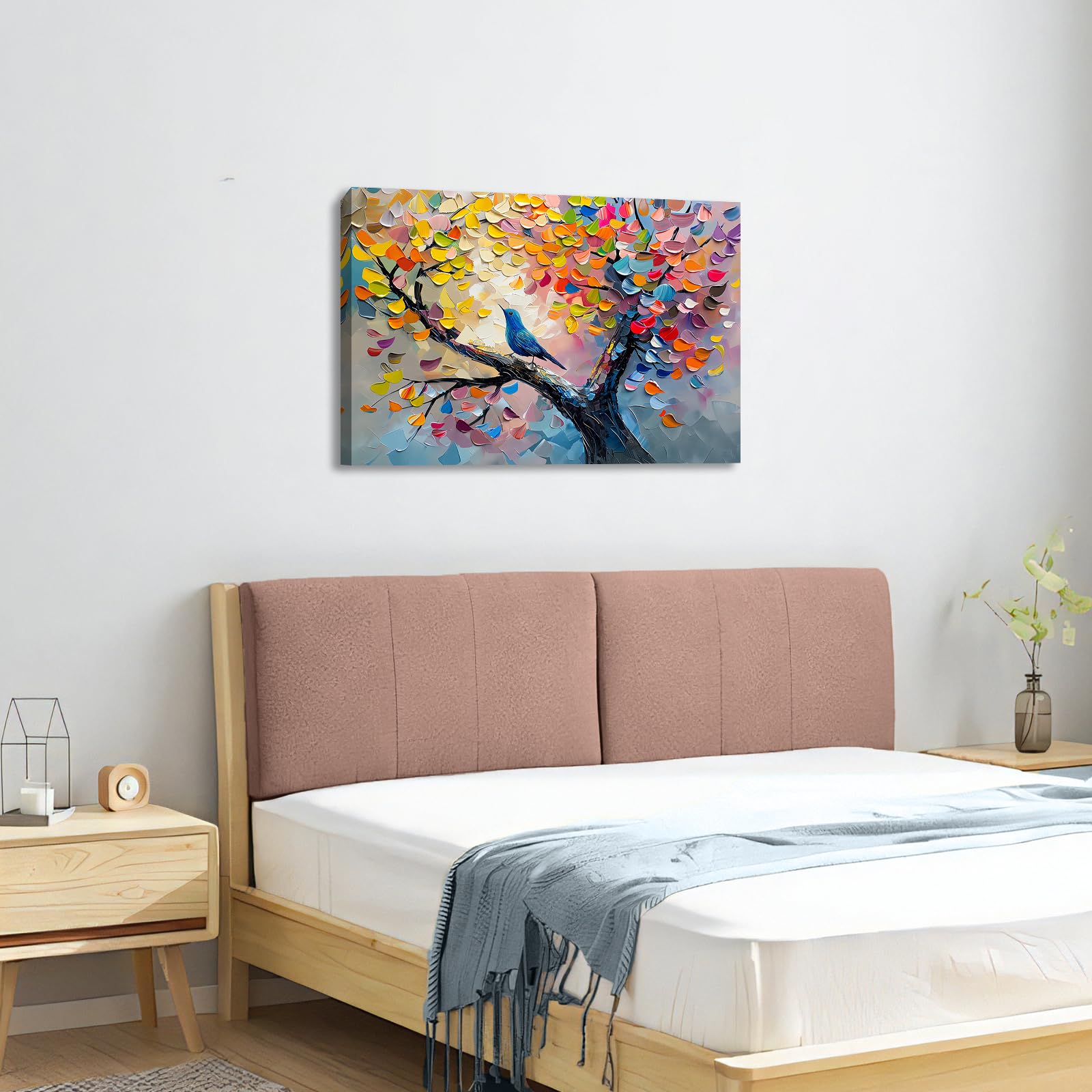 Large Abstract Blossom Trees Bird Wall Art for Living Room, Colourful Tree of Life Wall Painting Pictures Nature Floral Tree Canvas Prints Modern Artwork for Bedroom Office Home Decor 60x90cm