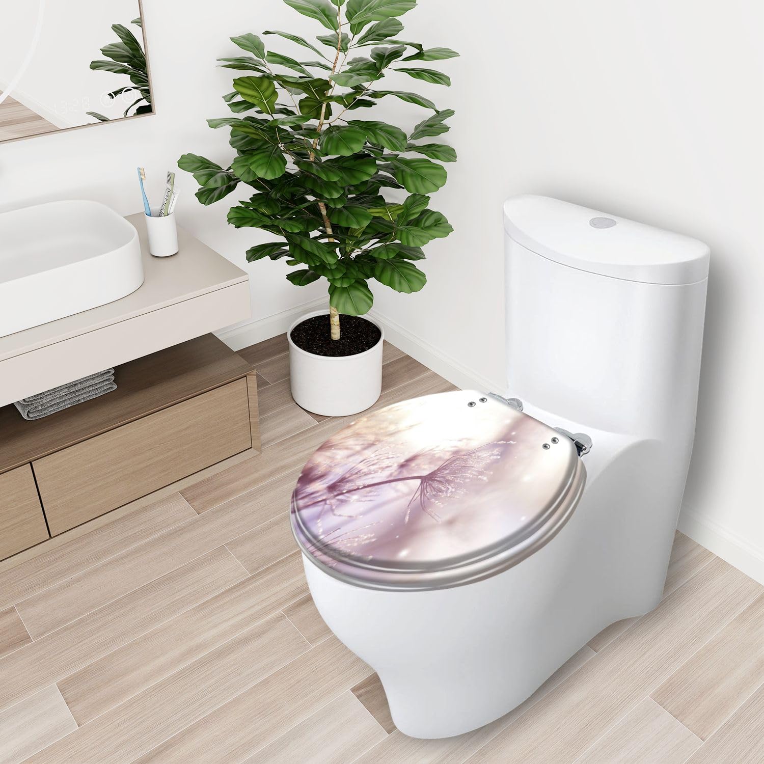 Asiento de Inodoro Redondo Campo de Lavanda con Mariposas Material de Resina Cierre Lento y silencioso con bisagras de liberación rápida Asiento de Inodoro con Tapa Fácil de Limpia
