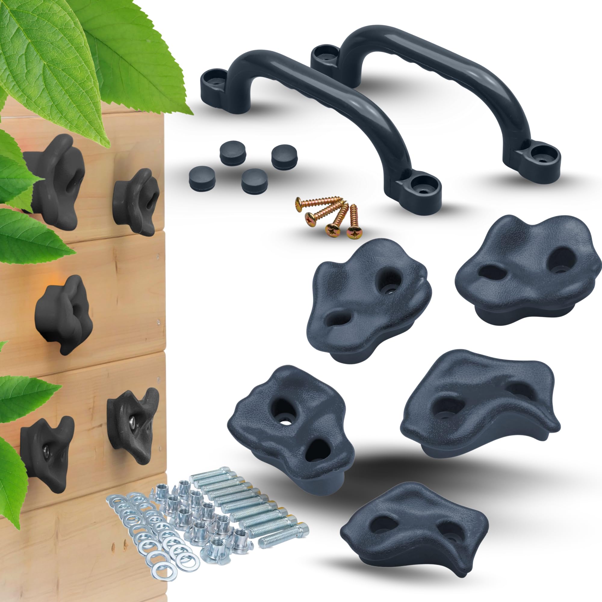 Klettergriffe Kinder Set: 5 Klettersteine Kinder in Grau | 2 Haltegriffe, Kletterwand Zubehör, Klettersteine Grau für Indoor & Outdoor Kletterspaß & Spielturm Zubehör