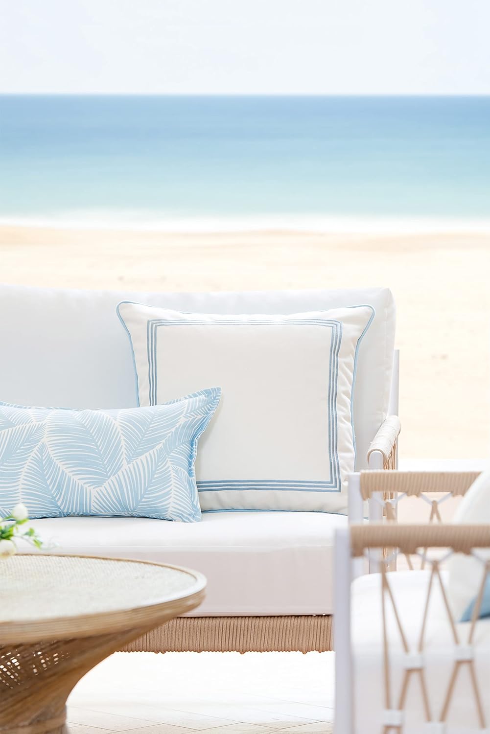 Hofdeco Premium Coastal Hampton Style Patio Indoor Outdoor Lumbar Pillow Cover Only, 12"x20" Water Resistant for Backyard, Couch, Baby Blue Palm Leaf
