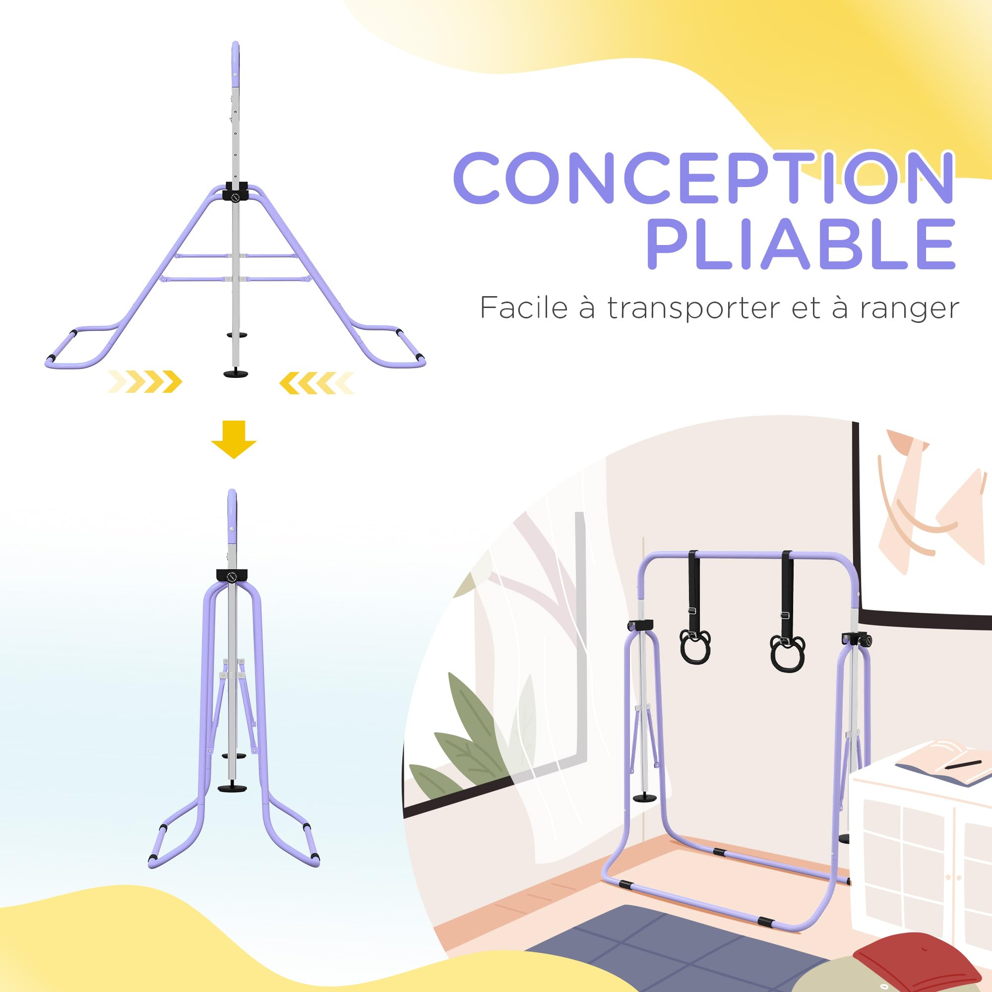 HOMCOM Barra da ginnastica per bambini, barra orizzontale, attrezzatura da ginnastica pieghevole, altezza regolabile, 88-128 cm, con anelli da ginnastica