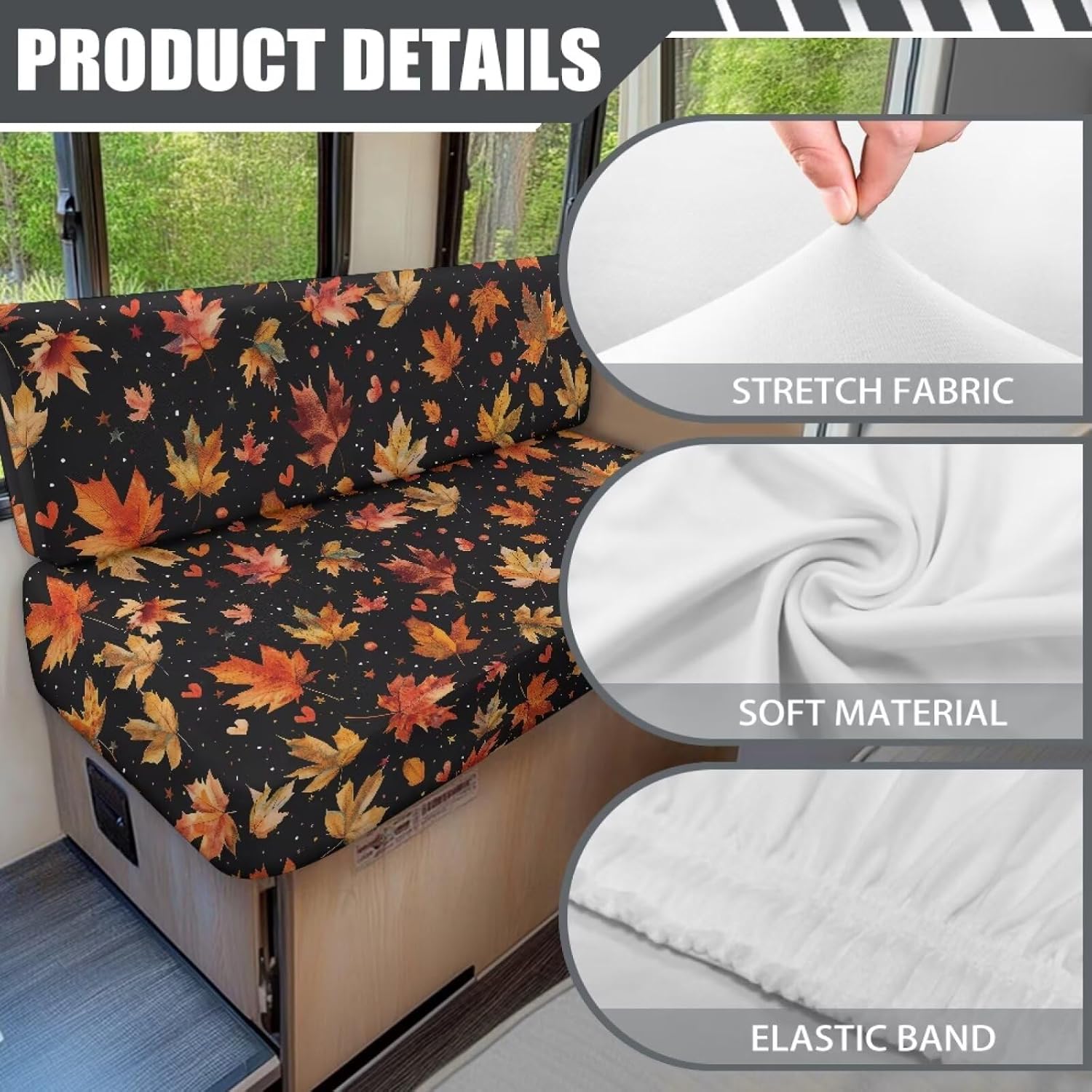 Maple Leaf Print RV Dinette Cushion Covers Autumn Fall Decor RV Couch Covers for Sofa Bed Stretch Camper Cushion Covers Dinette Booth Set Stretch Washable Slipcovers