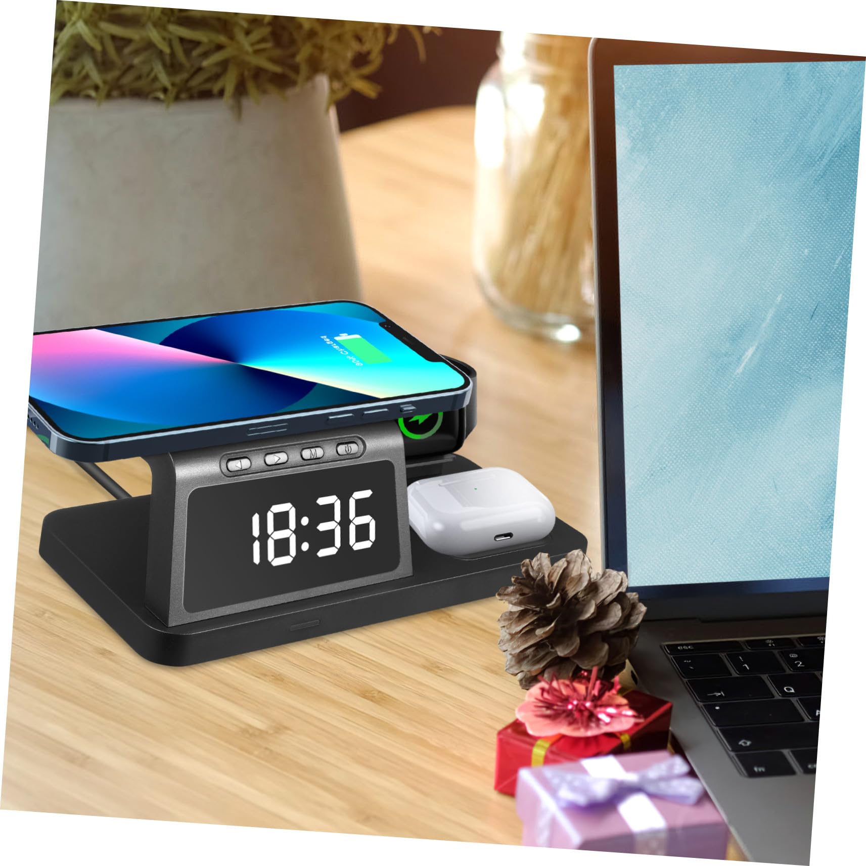 BESPORTBLE Station de Charge sans Fil Compatible avec Apple Watch Plupart des Téléphones et Écouteurs avec Horloge Numérique Intégrée