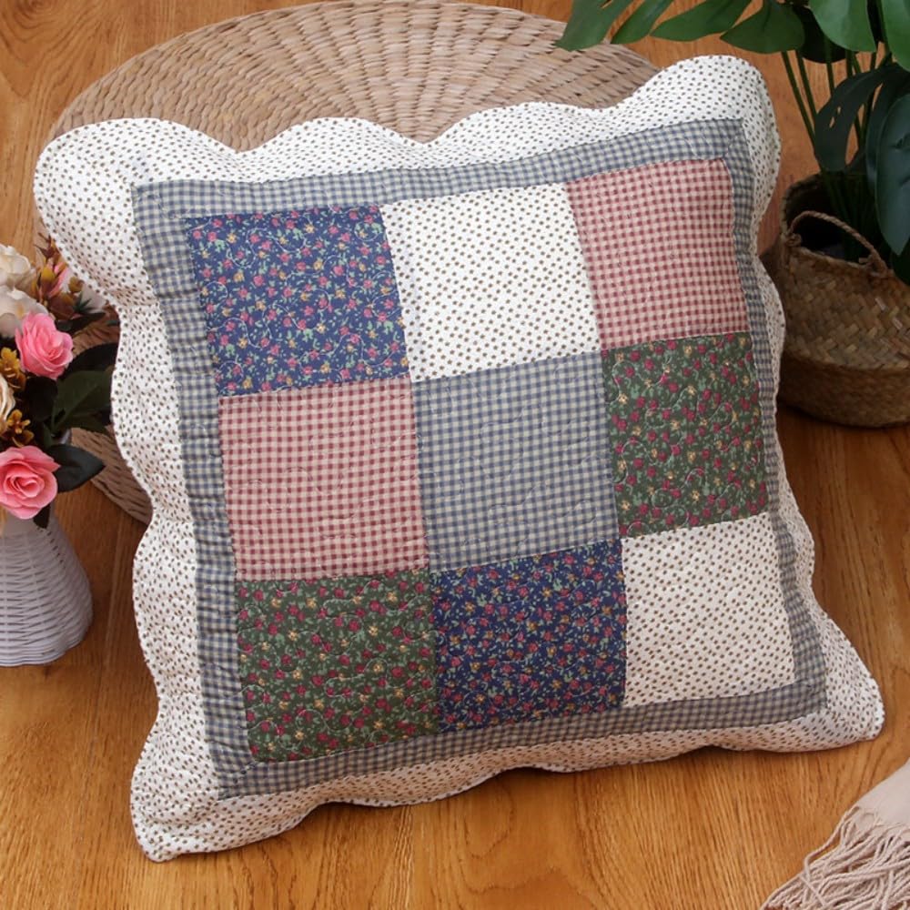 QIFONIX Vintage Patchwork Decorative Throw Pillow Cover, Floral Quilted Design with Pink Gingham Pattern, Scalloped Edge (Beige and Gray, 18" x 18" (Pack of 2))