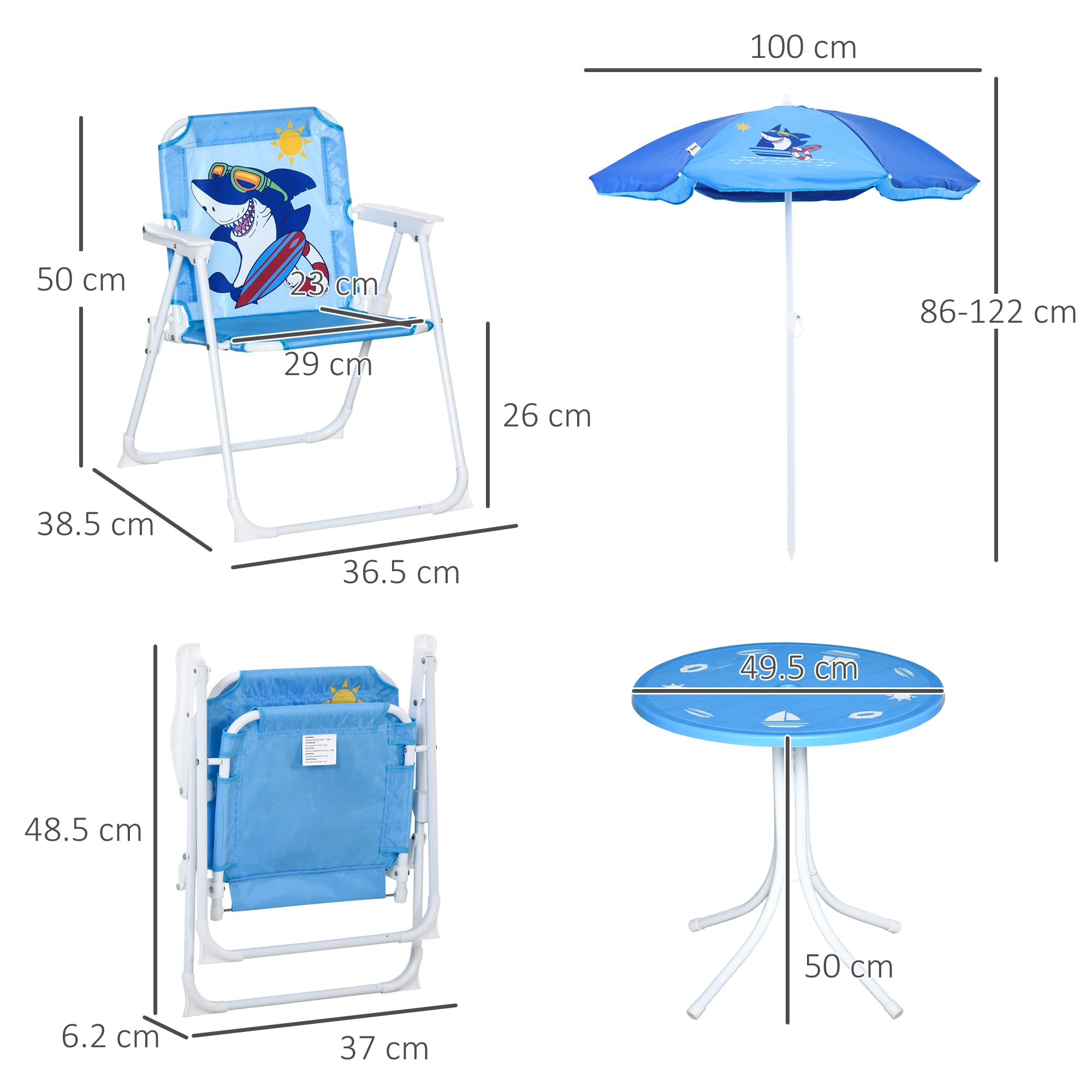 Outsunny Tavolo e Sedie per Bambini da Giardino con Ombrellone Regolabile, Set 4 Pezzi, Blu
