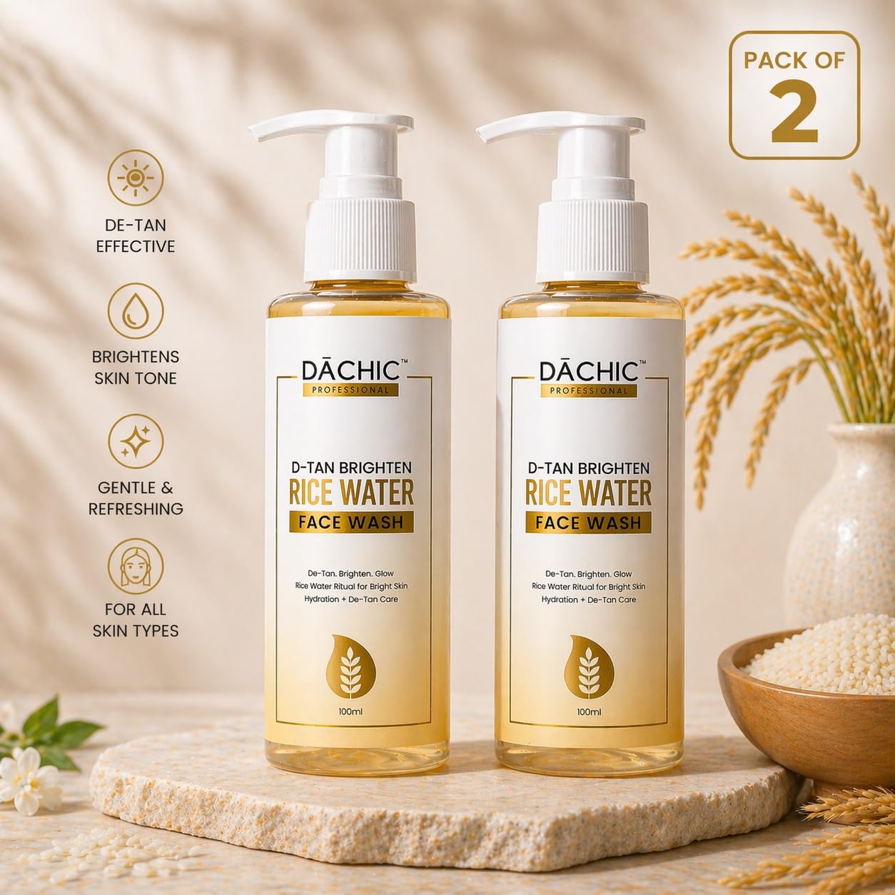 DACHIC Rice Water D-Tan Brightening Face Wash for Glowing Skin, Deep Cleansing Daily Face Cleanser for Tan Removal, Hydrating Men Women, Gentle Formula for All Skin Types, Pack of 2 2
