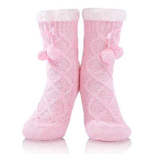FUSACONY Womens Fuzzy Slipper Socks Non Skid Soft Warm Thick Fleece Lined Christmas Stockings Fluffy Winter Home Socks With Cute Pom Pom
