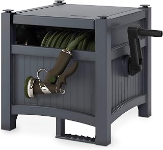 Suncast Garden Hose Hideaway Storage Reel Box, Cyberspace Grey - Resin Container for 100 ft 5/8" Vinyl Hose, No Assembly