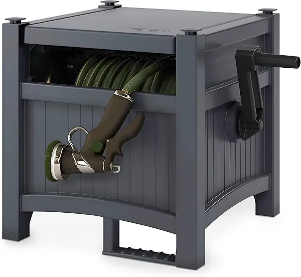 Suncast Garden Hose Hideaway Storage Reel Box, Cyberspace Grey – Resin Outdoor Container, Holds up to 100 Feet of 5/8 Inch Standard Vinyl Water Line – No Assembly Required