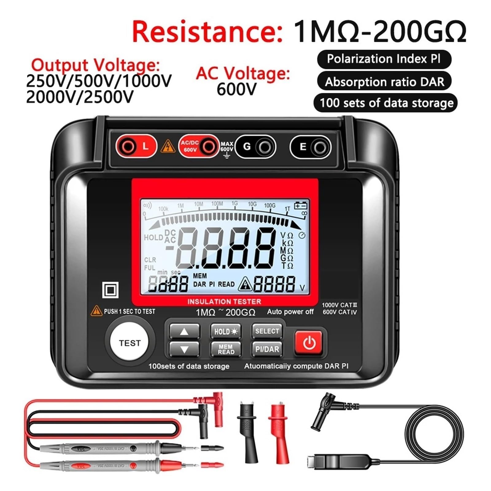 Tester Napięcia Ohm 0,1MΩ~120GΩ Miernik Rezystancji Izolacji Uziemienia Megaomomierz Narzędzie Wysoka CzułOść