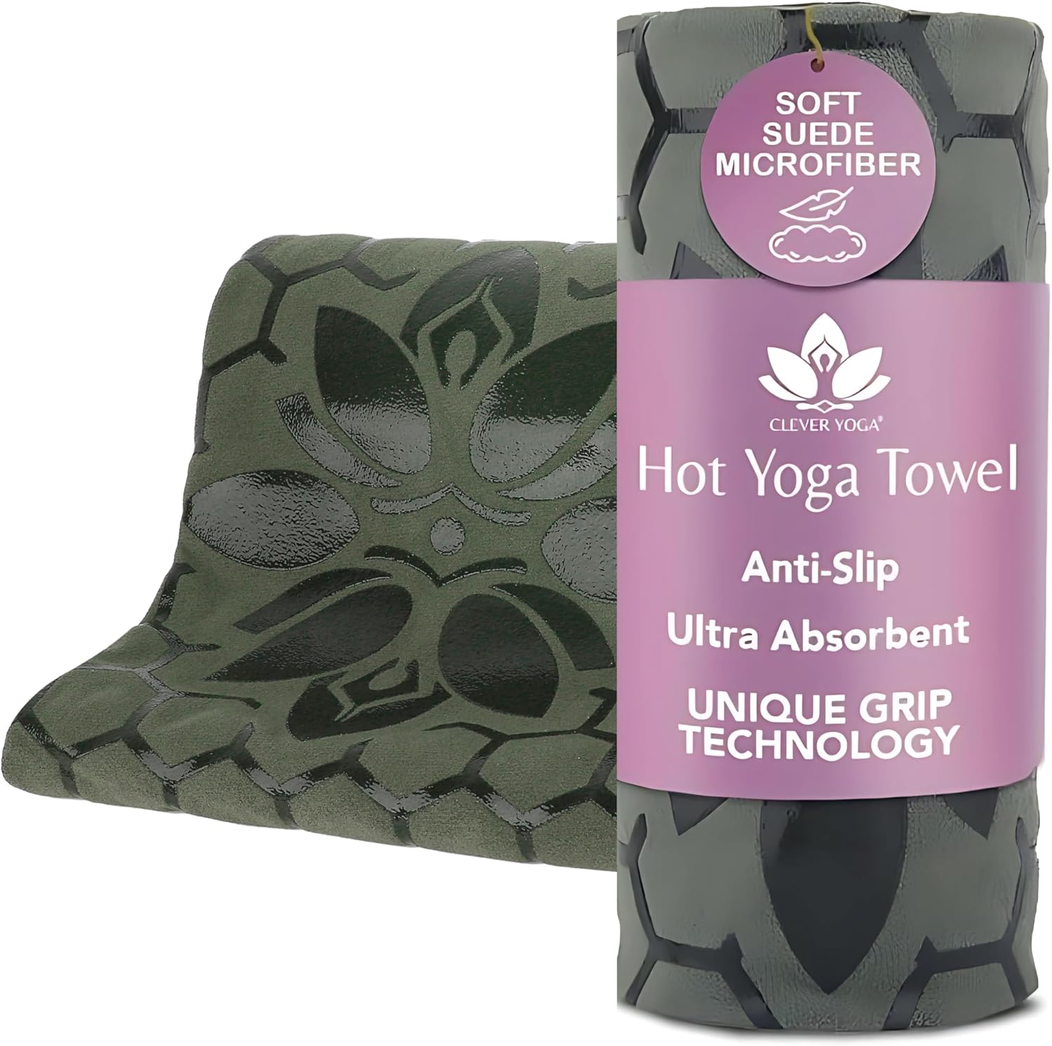 Clever Yoga Non-Slip Hot Yoga Towel – Non-Slip Grip for Hot Yoga, Sweat Absorbent, Honeycomb Silicone Grip, Stays Flat – Ideal for Pilates, Travel, Washable & Lightweight – Olive