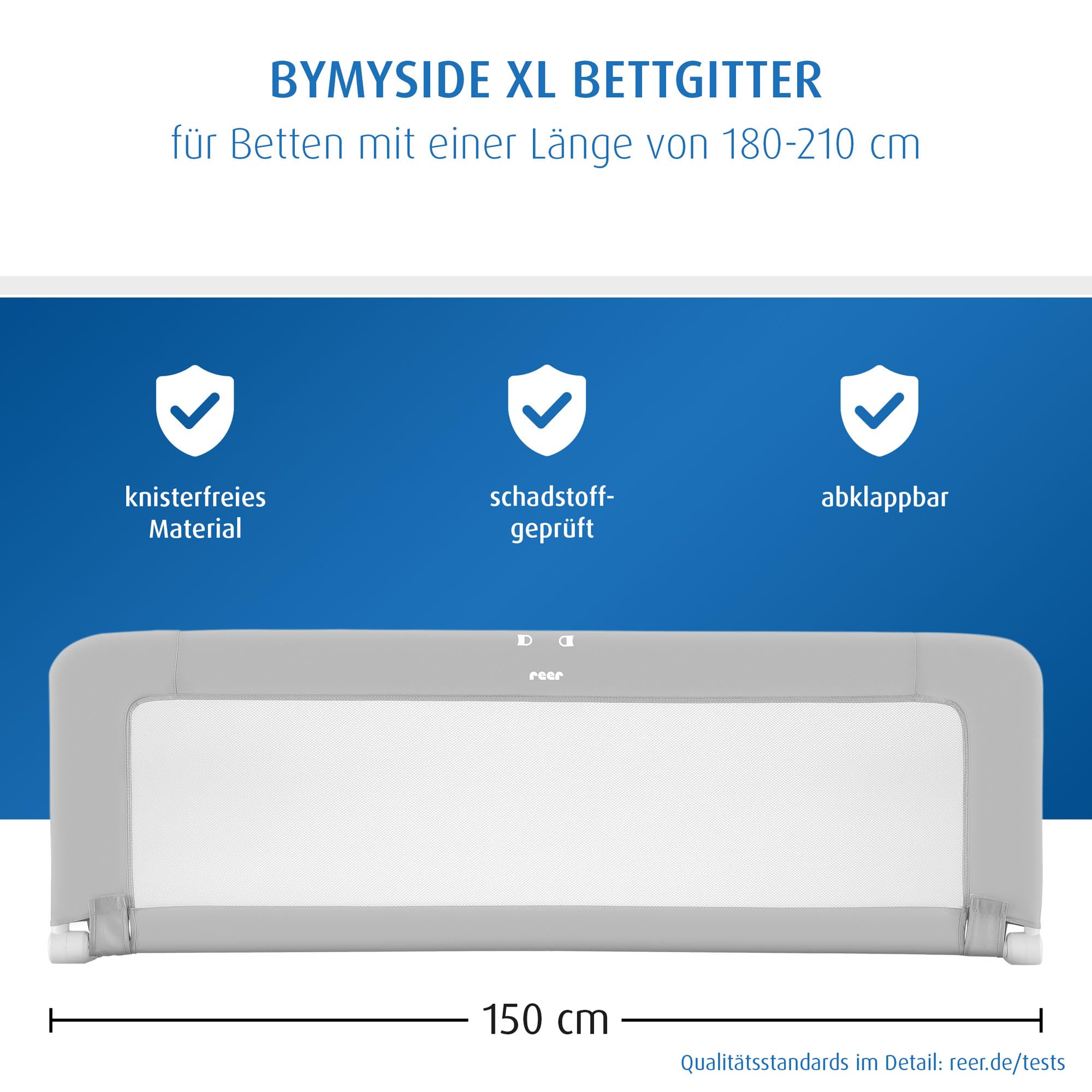Reer ByMySide, Rausfallschutz fürs Babybett, 150x50 cm Länge, für Betten von 180 - 210 cm, grau