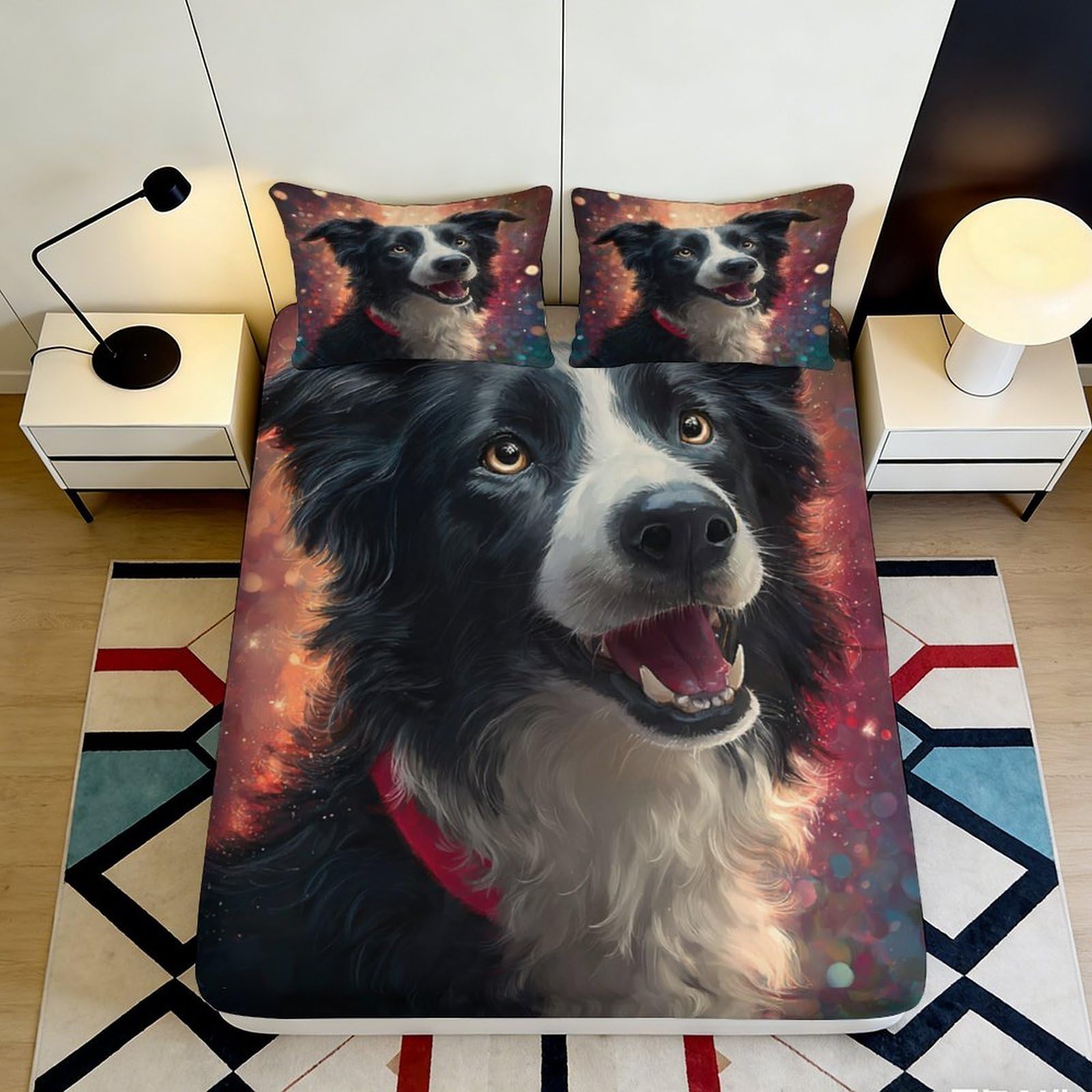 3D Printed Border Collie Fitted Sheet Microfiber Black White Dog Bed Cover for Bedroom Guest Room Easy Care Decor 90x200x25cm