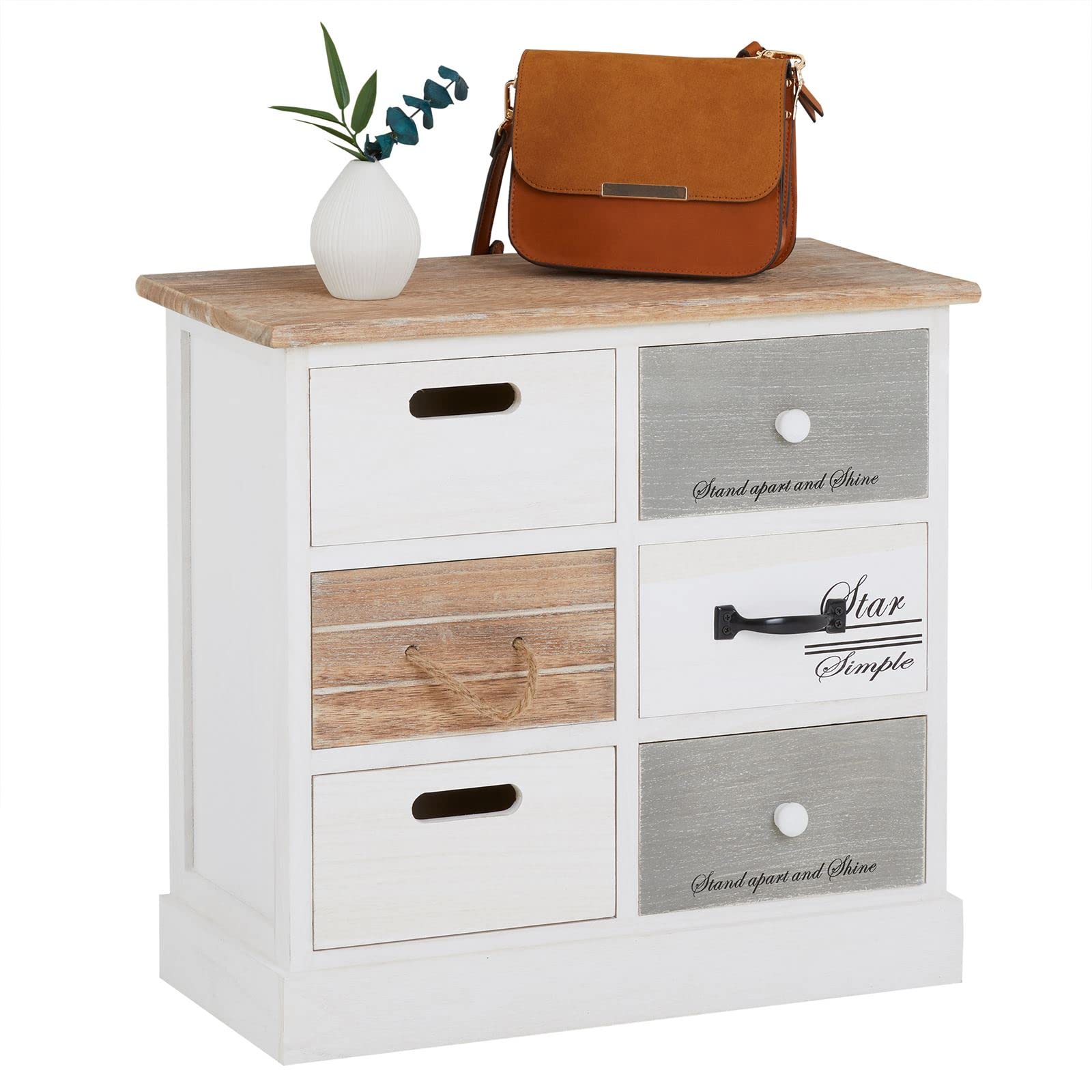 CARO-Möbel Kommode Salva – 6 Schubladen, Vintage Shabby Chic, Weiß mit brauner Oberplatte