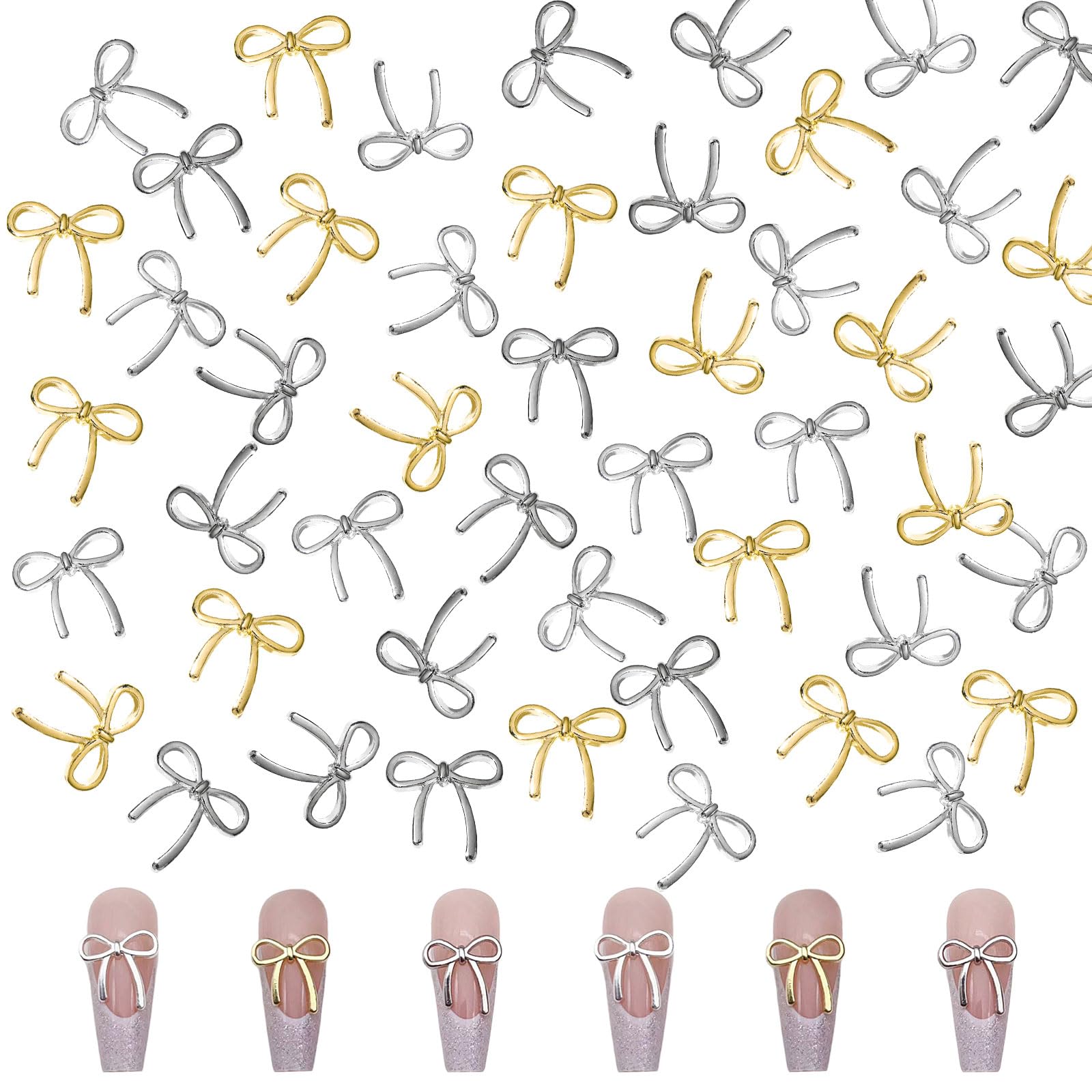 OTKARXUS Bow Nail Charms,90PCS Gold Silver Metal Nail Art Bows,Bowknot Bow Tie Nail Gems Alloy Nail Art Decorations Supplies for Women Girls Manicure Design DIY Crafts (C Gold & Silver)