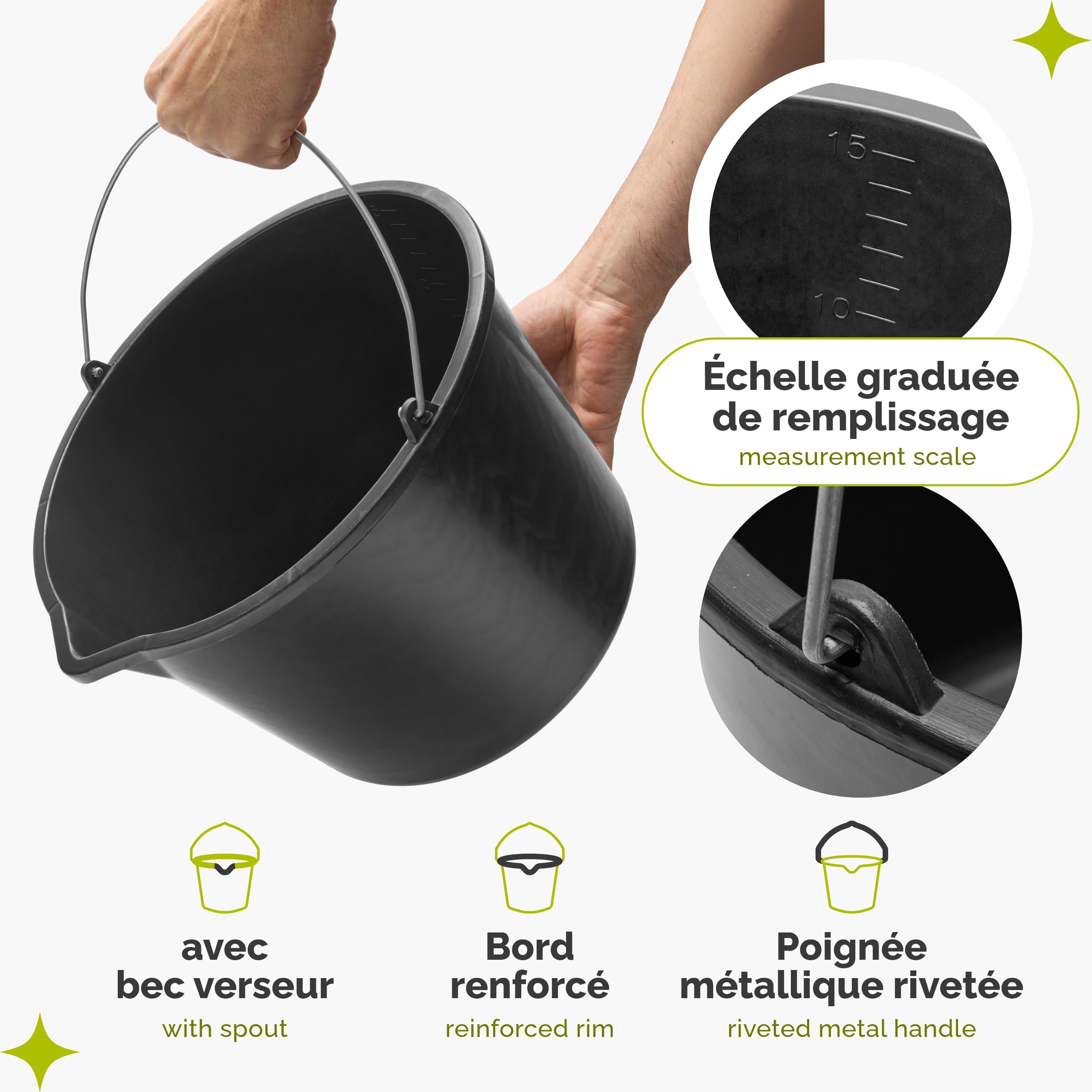 Garronda Seau verseur plastique recyclé Noir 15 L avec bec verseur Lot de 2 avec anse métallique rivetée, échelle graduée, bord renforcé, empilable, usage chantier jardin maison, seau GD-0168