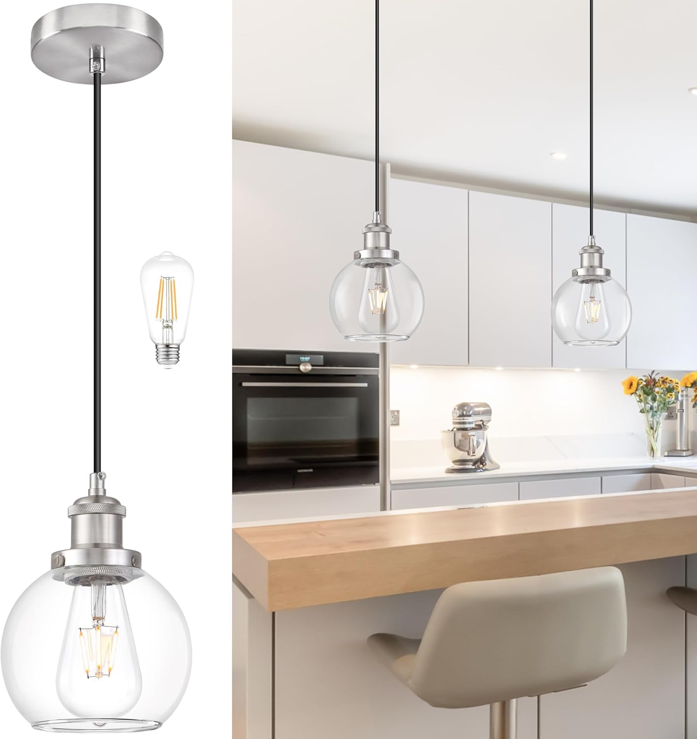 Brand 6 inch Mid Century Modern Globe Pendant Light, Brushed Nickel Finish, Clear Glass, Kitchen Island Lighting, Includes Bulb, Adjustable Cord, Monopoint with Canopy