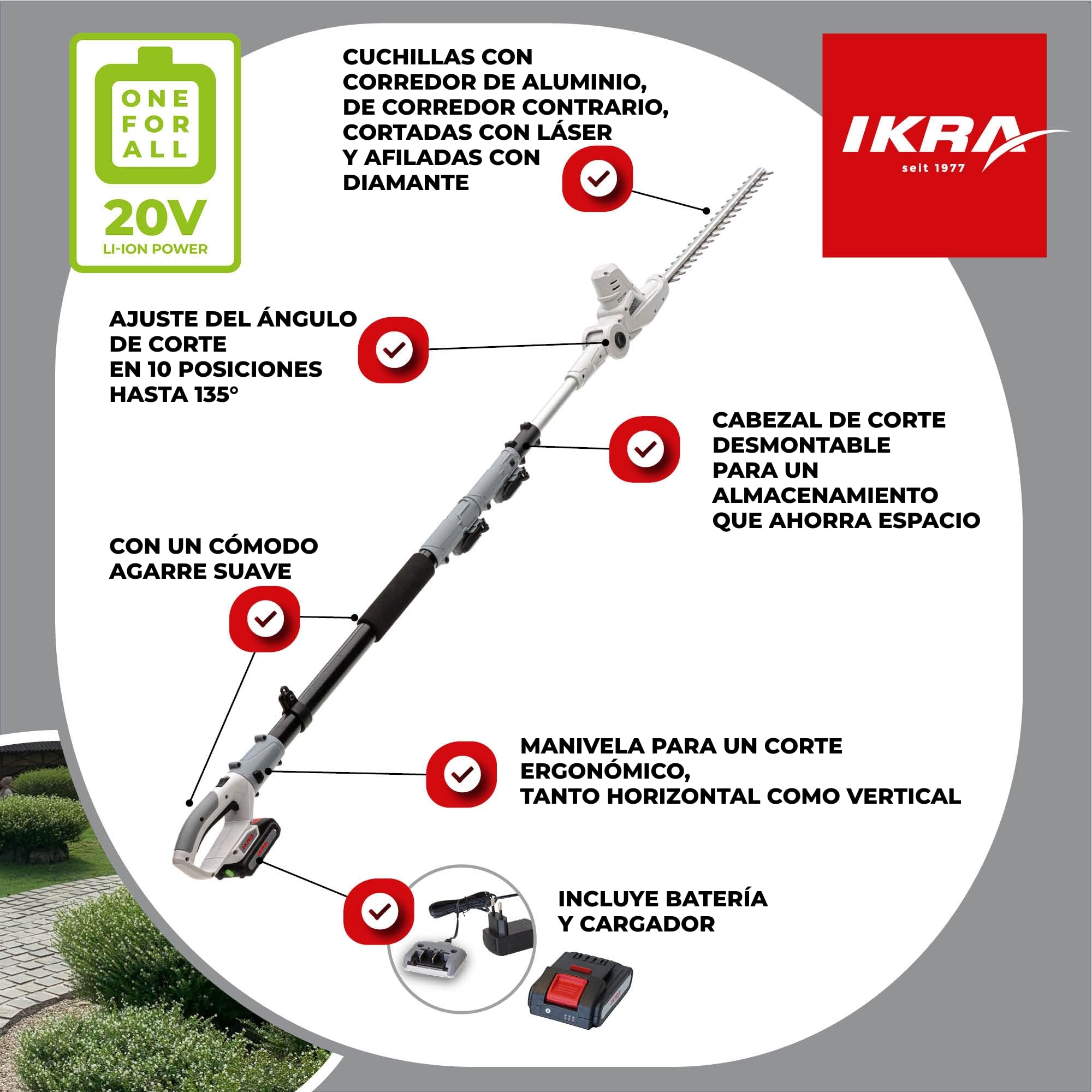 IKRA cortasetos telescópico ICPH 2040 incl. Batería de 20 V, estación de carga de la batería y correa para el hombro