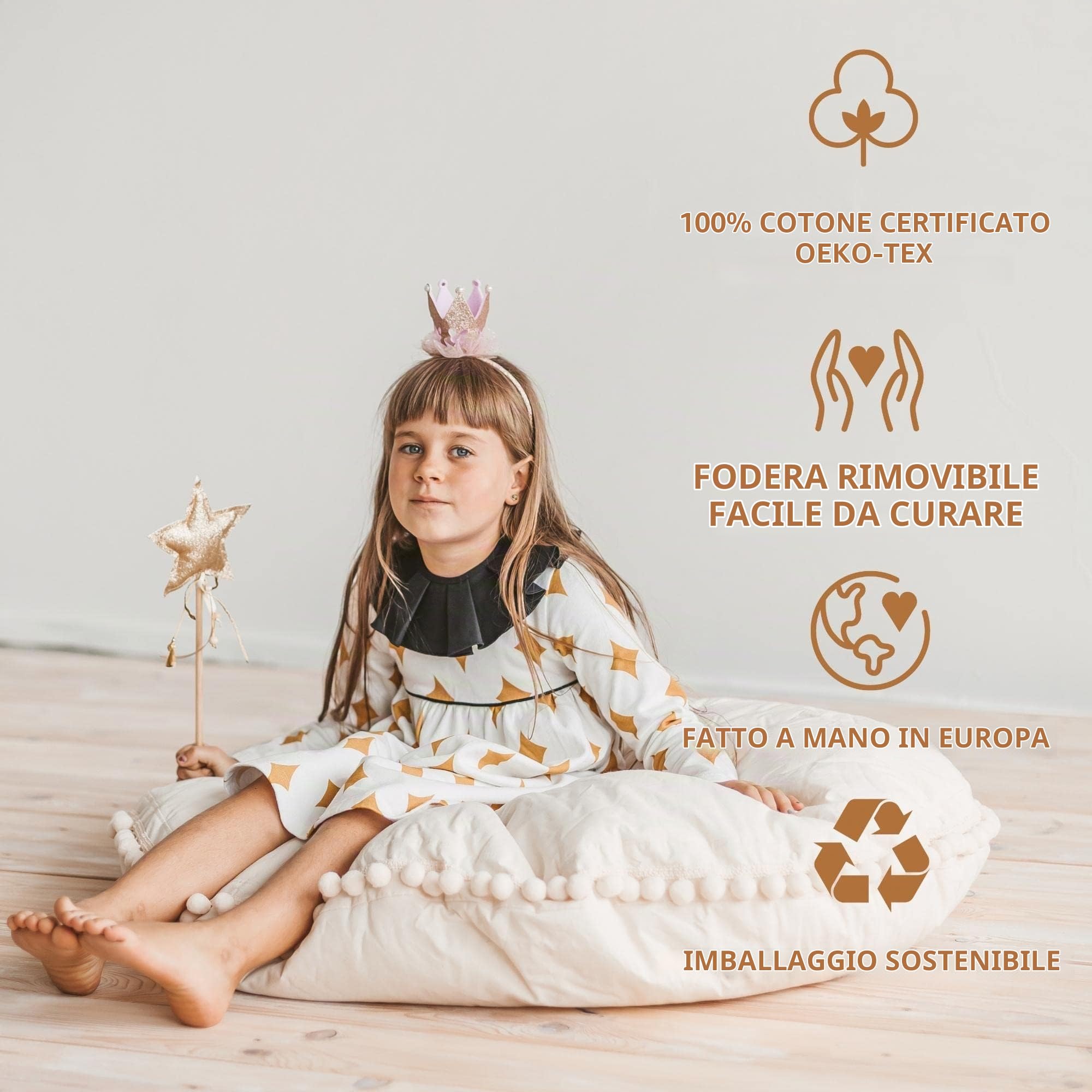 MINICAMP Cuscini Pavimento per Bambini, Sacco Morbido con Riempimento Incluso e copertura Lavabile, Adorabile Cuscino da Pavimento, 100% Cotone Certito, 100 cm Di Larghezza (Beige)