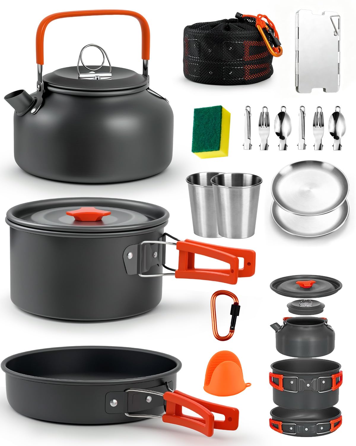 Set di pentole da campeggio per 2-3 persone, 17 pezzi, in alluminio, con bollitore, piatti, tazze e parabrezza, attrezzatura leggera da cucina per campeggio per escursioni e picnic