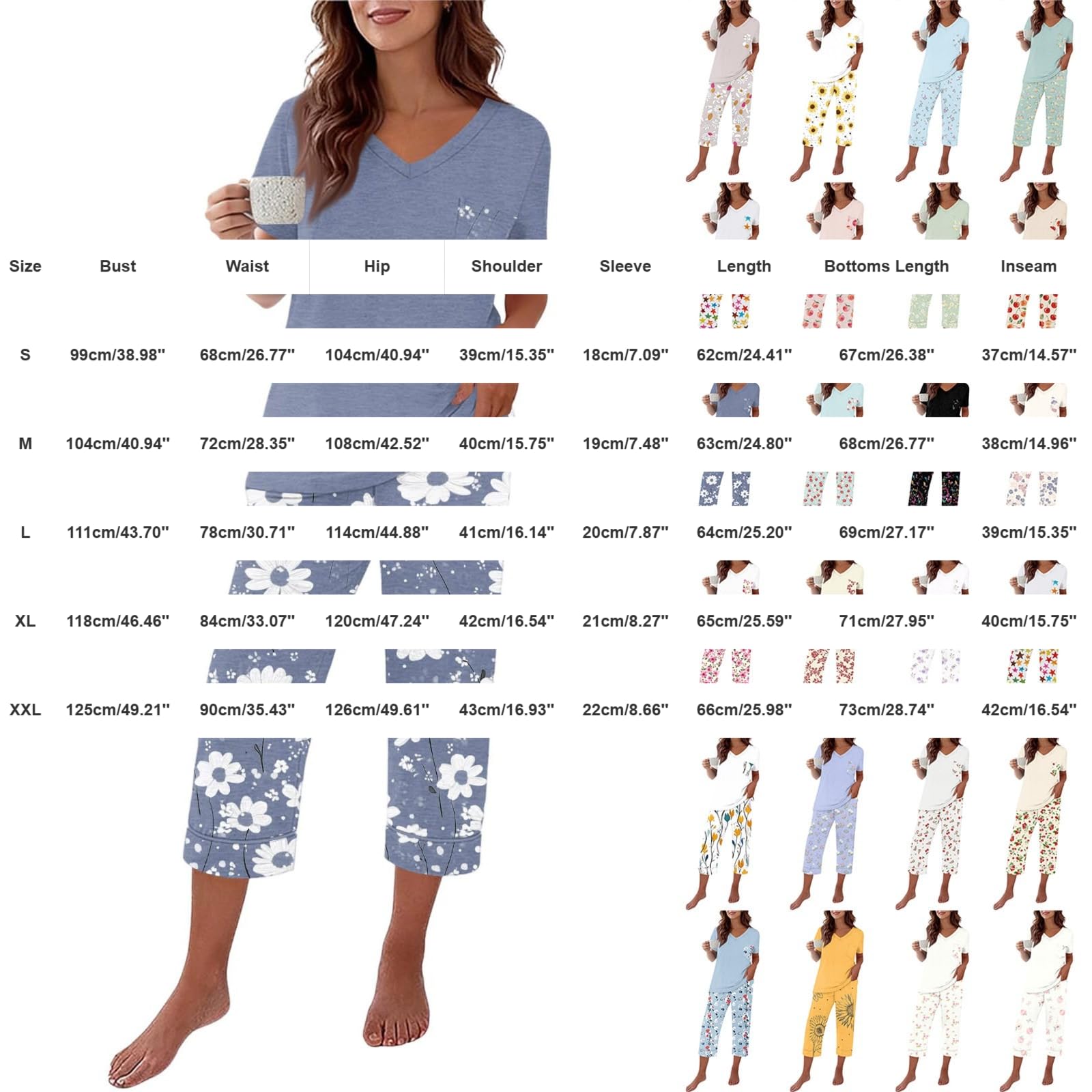 Pigiama Pinocchietto Donna Estivo Set Da Notte T Shirt Con Scollo A V