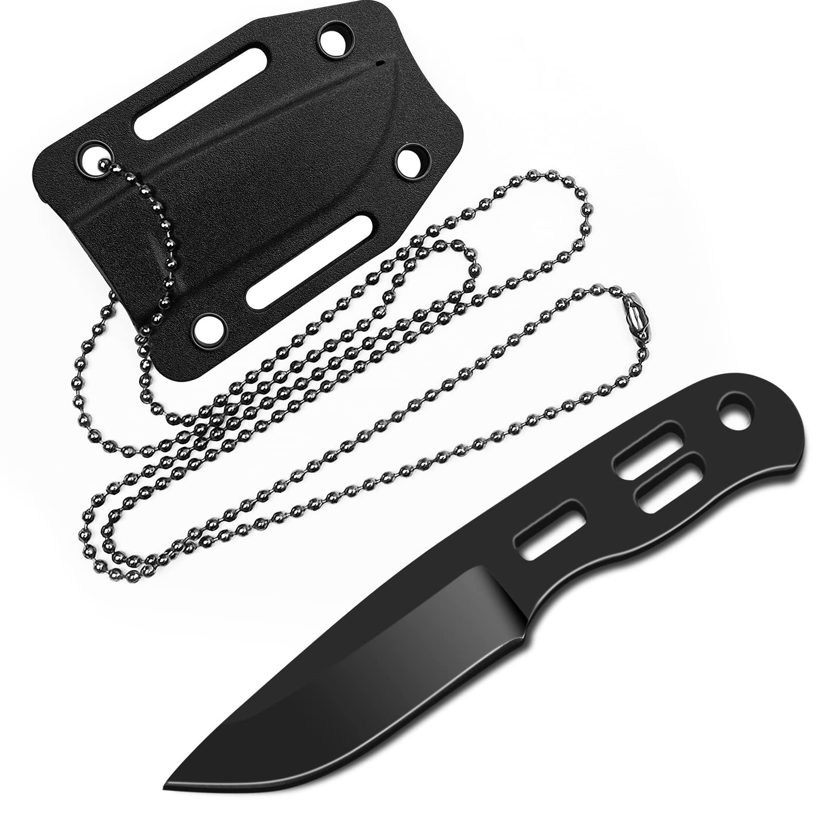 EDC Small Fixed Blade Neck Knife with Kydex Sheath, Cute Mini Necklace Knife for Men and Women -440C Steel Full Tang Design - Survival, Hunting, Camping, Hiking Cutting Tools (Black)