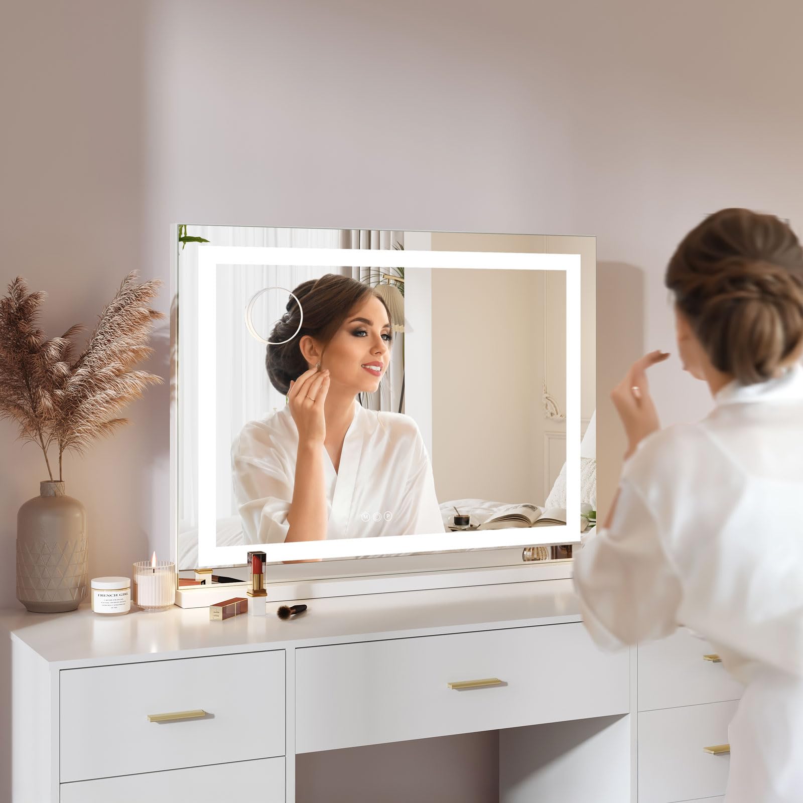 Dripex Specchio da Trucco Illuminato a LED, 80x58 cm (L x H), Controllo Tattile, 3 Modalità di Colore della Luce, Luminosità Regolabile, Include Specchio d'Ingrandimento, da Tavolo o da Parete, Bianco