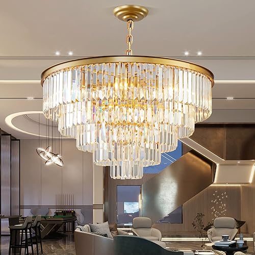 Miniatura 6 de Candelabro de cristal moderno dorado, 5 niveles de montaje empotrado, lámpara colgante de altura ajustable para comedor, sala de estar, dormitorio,