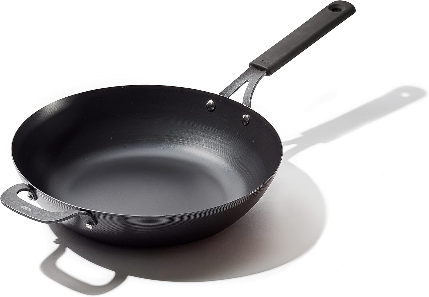 OXO Obsidian Pre-Seasoned Carbon Steel, 12" Wok Pan with Removable Silicone Handle Holder, Induction, Oven Safe, Black - Thumbnail 2