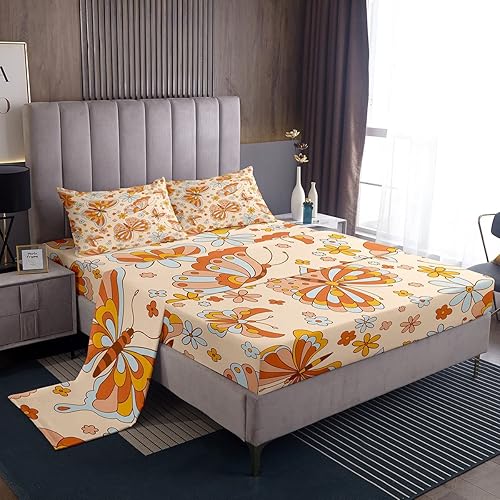 Erosebridal Groovy - Juego de sábanas y fundas de almohada, lindas sábanas de mariposa para niñas, juego de sábanas de flores retro, tamaño Queen,